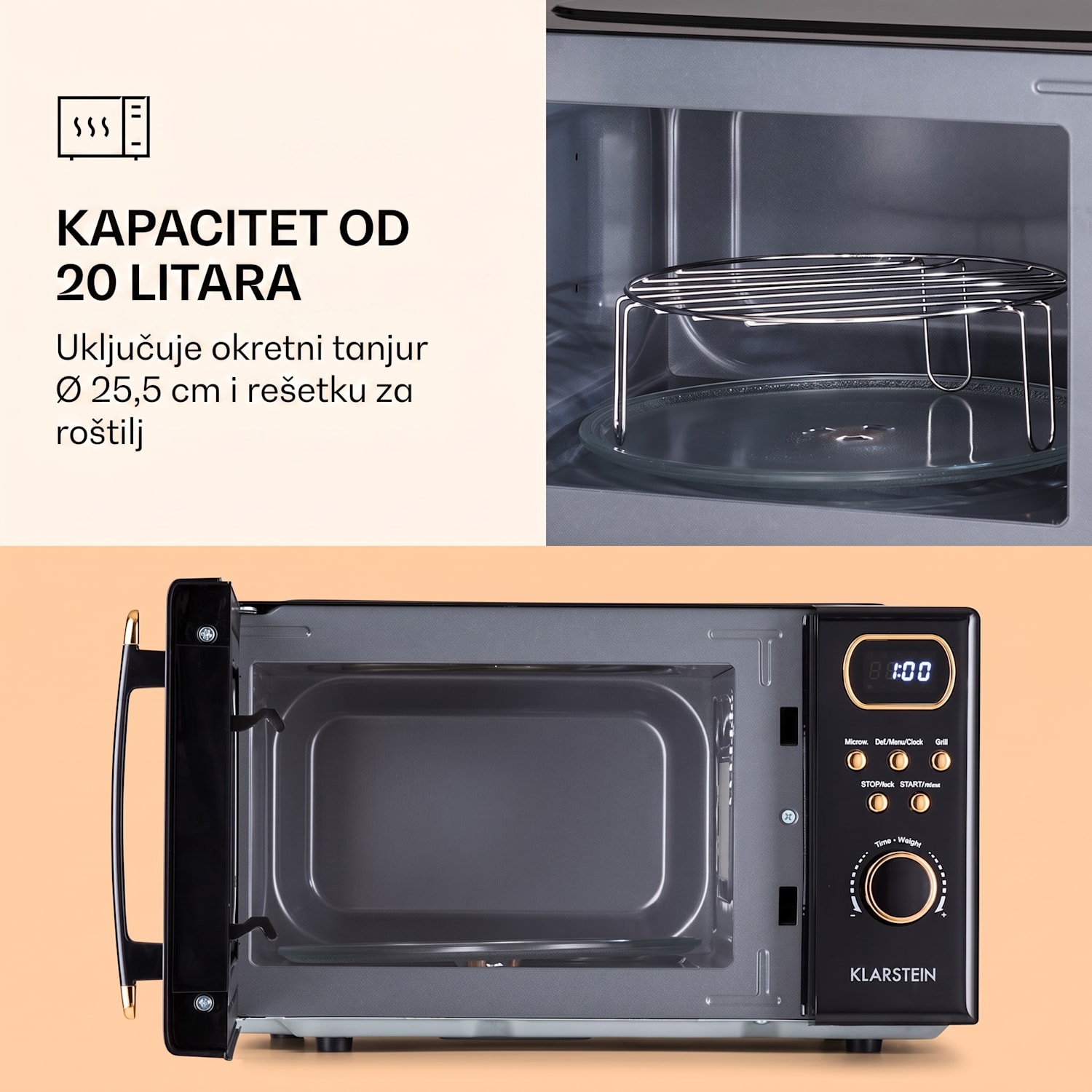 Julieta, mikrovalna pećnica sa grilom, 20l, 700 / 800 W, Ø25,5cm, 8 programa Crna