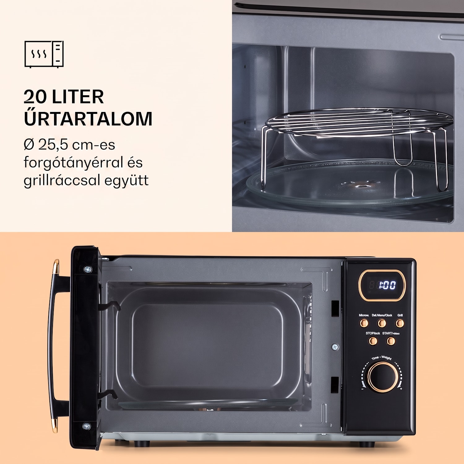 Julieta, mikrohullámú sütő grillel, 20 l, 700 / 800 W, Ø 25,5 cm, 8 program Fekete