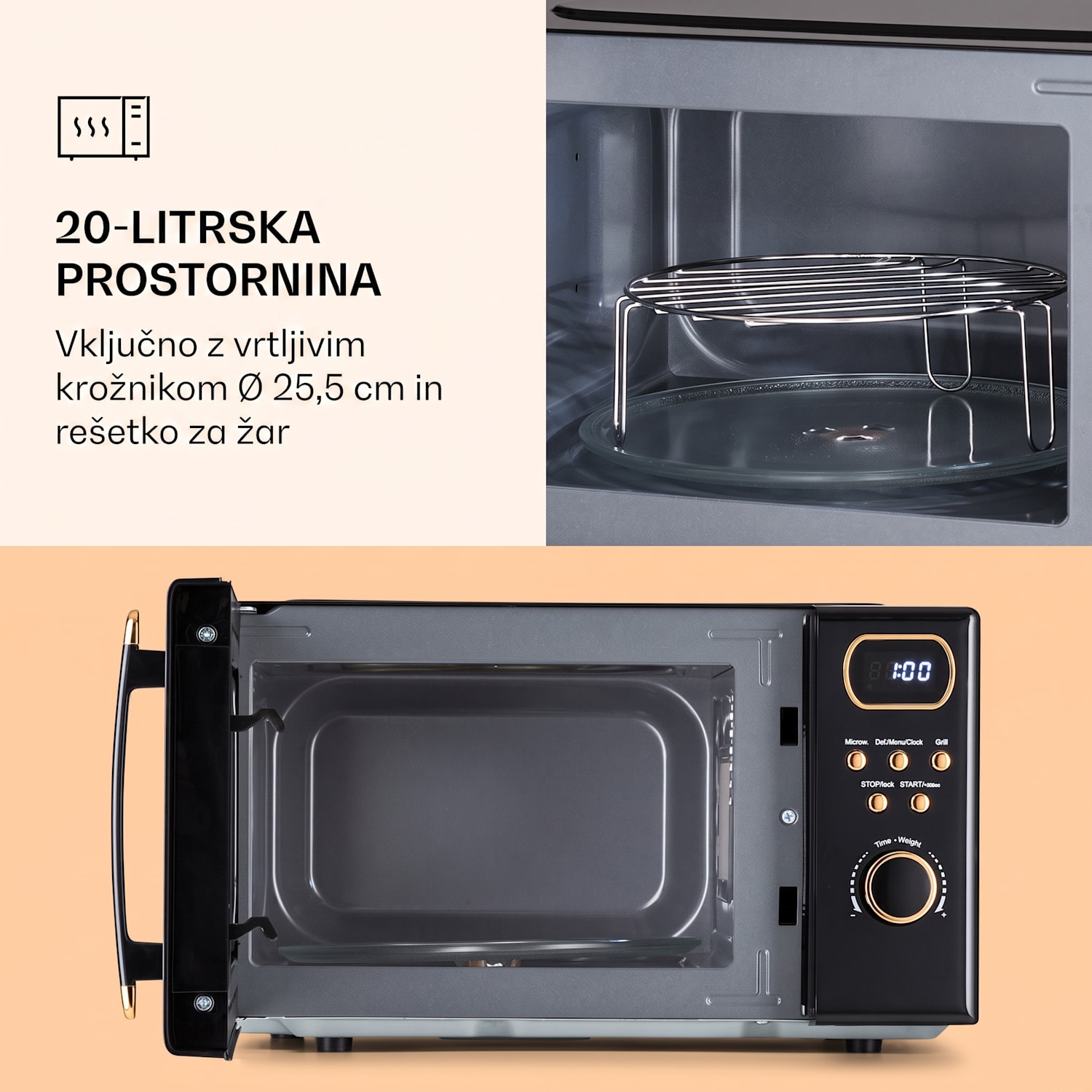 Julieta, mikrovalovna pečica z žarom, 20l, 700 / 800 W, Ø25,5 cm, 8 programov Črna