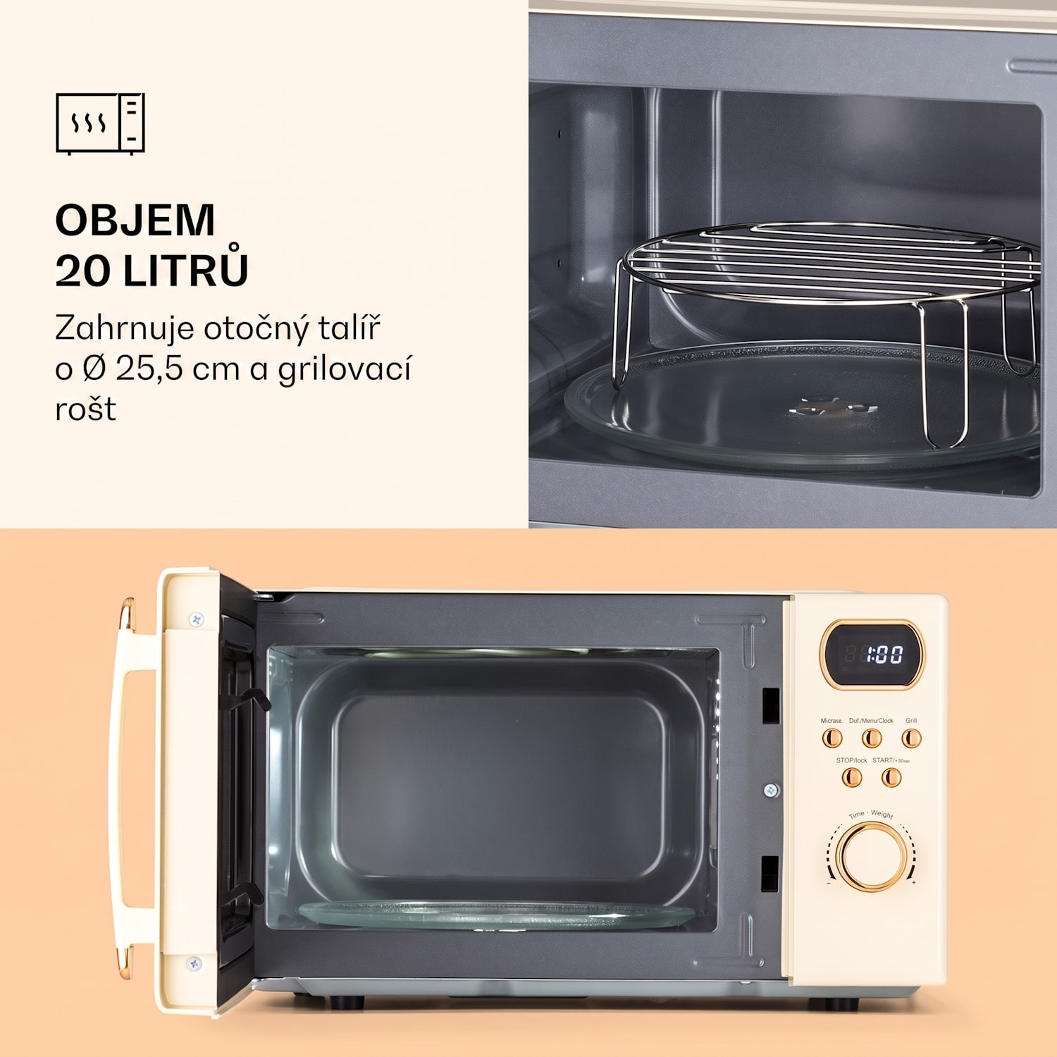 Julieta, mikrovlnná trouba s grilem, 20 l, 700/800 W, Ø 25,5 cm, 8 programů Vintage krémová