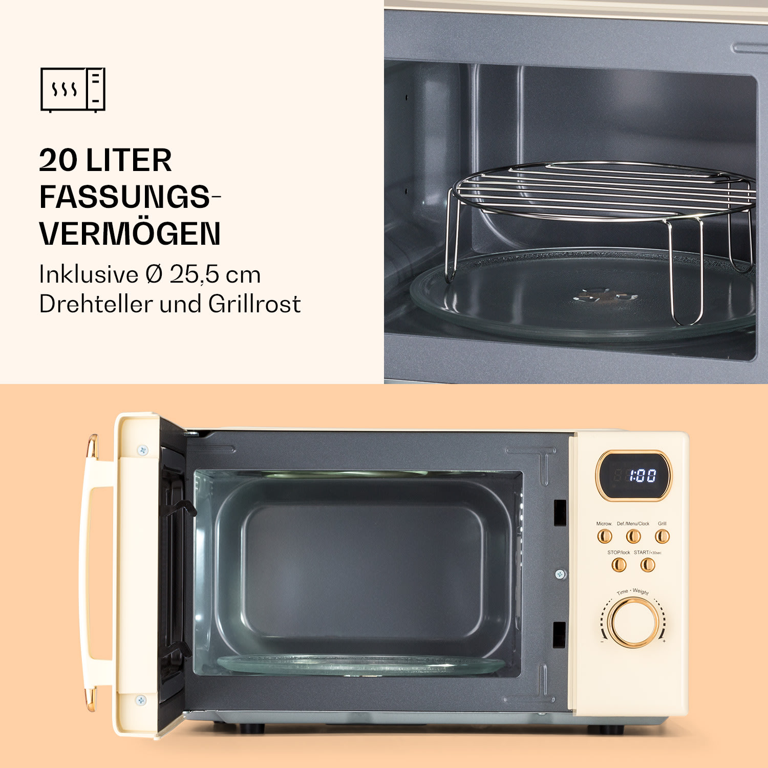 Julieta Mikrowelle mit Grill 20l 700 / 800 W Ø25,5cm 8 Programme Vintage-Creme