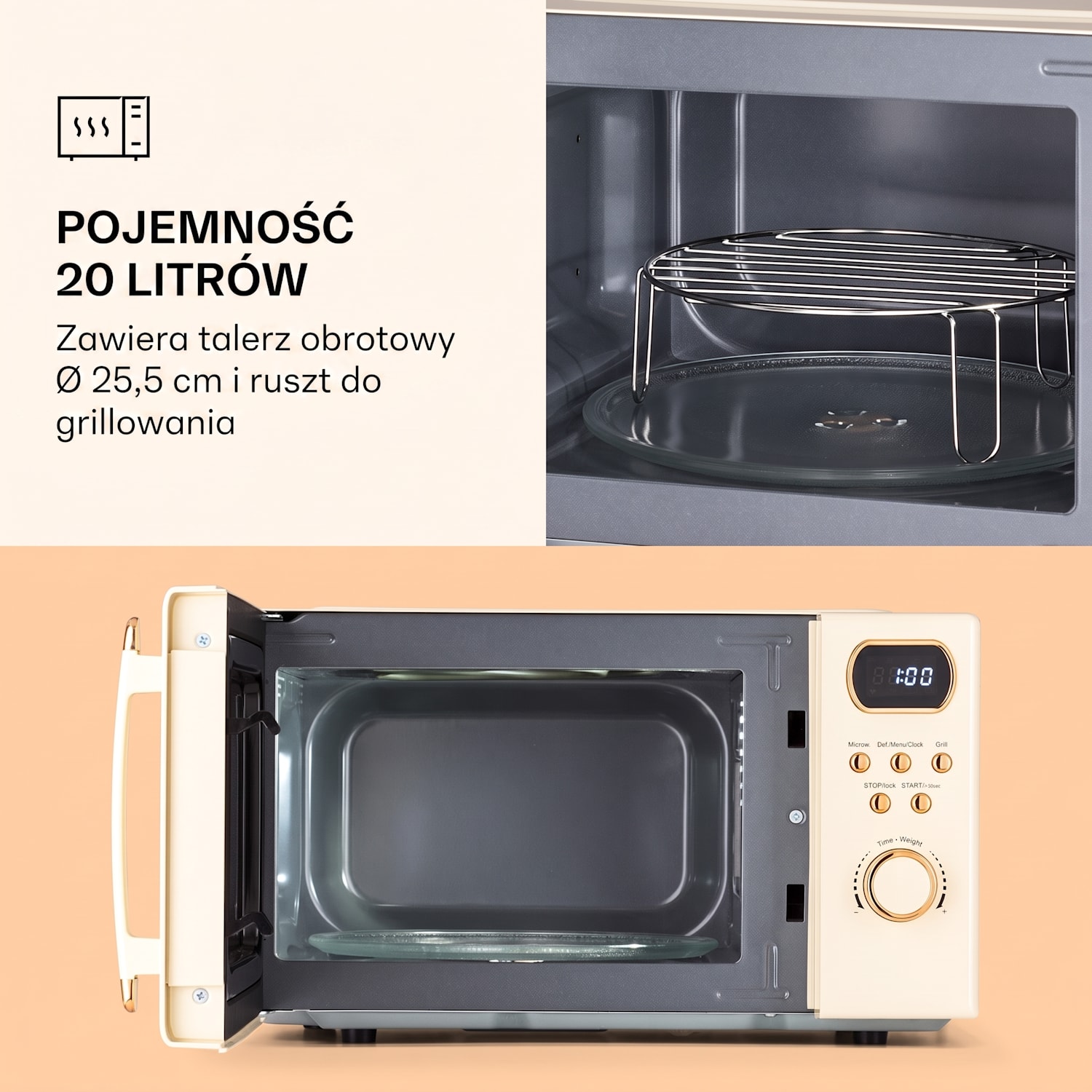 Julieta, kuchenka mikrofalowa z grillem, 20 l, 700/800 W, Ø 25,5 cm, 8 programów Vintage Krem