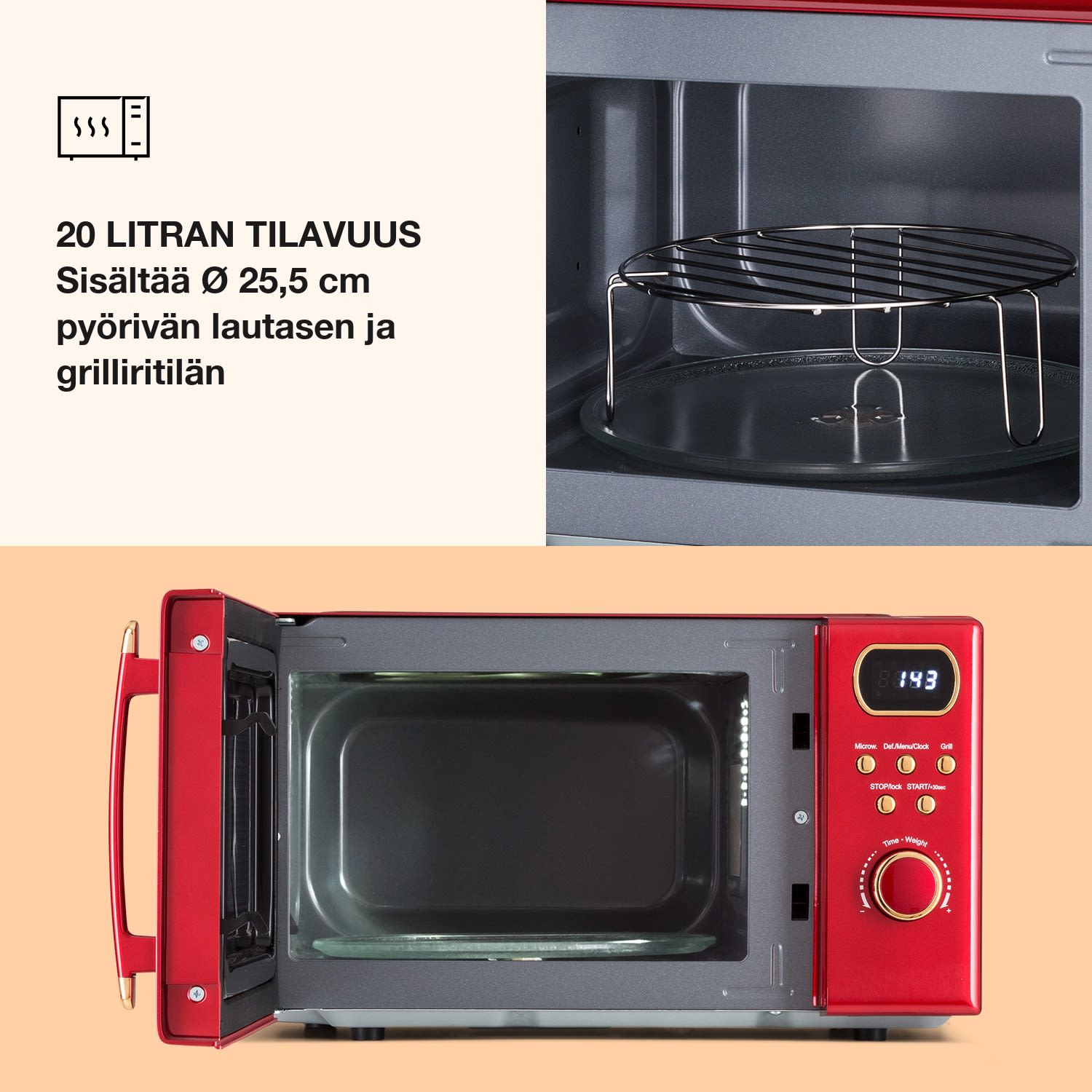 Julieta-mikroaaltouuni grillillä 20 l 700/800 W Ø 25,5 cm 8 ohjelmaa Punainen
