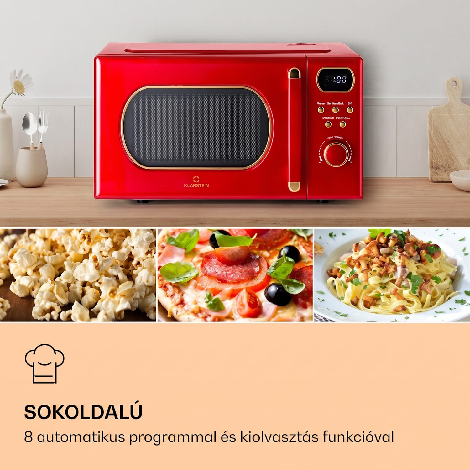 Julieta, mikrohullámú sütő grillel, 20 l, 700 / 800 W, Ø 25,5 cm, 8 program Piros