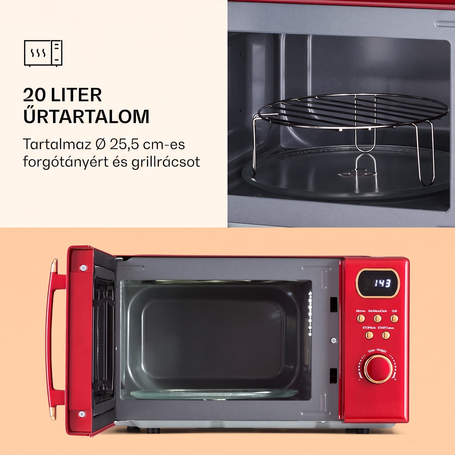 Julieta, mikrohullámú sütő grillel, 20 l, 700 / 800 W, Ø 25,5 cm, 8 program Piros