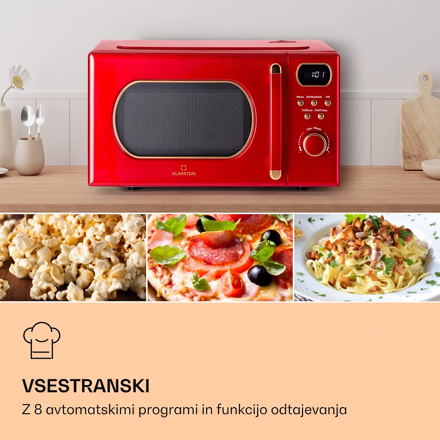 Julieta, mikrovalovna pečica z žarom, 20l, 700 / 800 W, Ø25,5 cm, 8 programov Rdeča