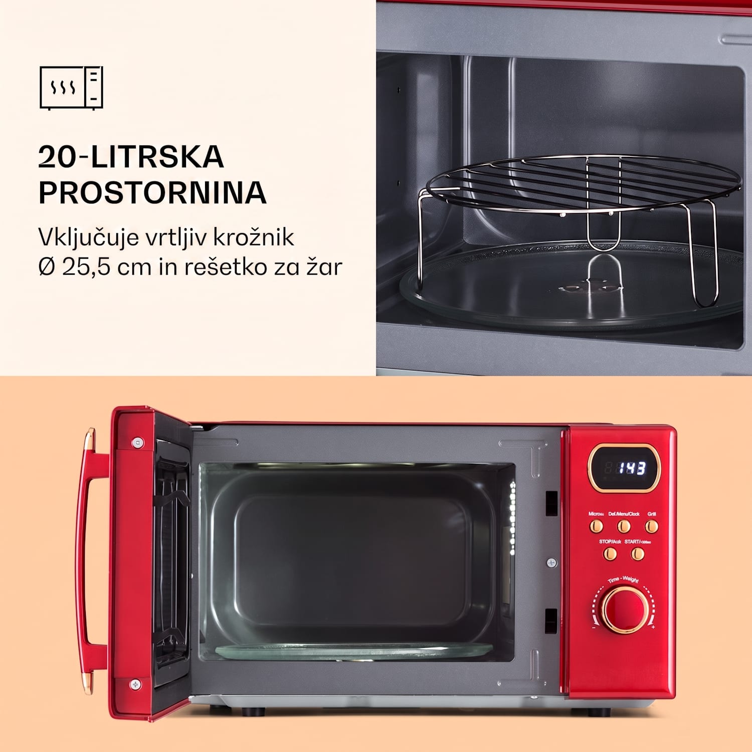 Julieta, mikrovalovna pečica z žarom, 20l, 700 / 800 W, Ø25,5 cm, 8 programov Rdeča