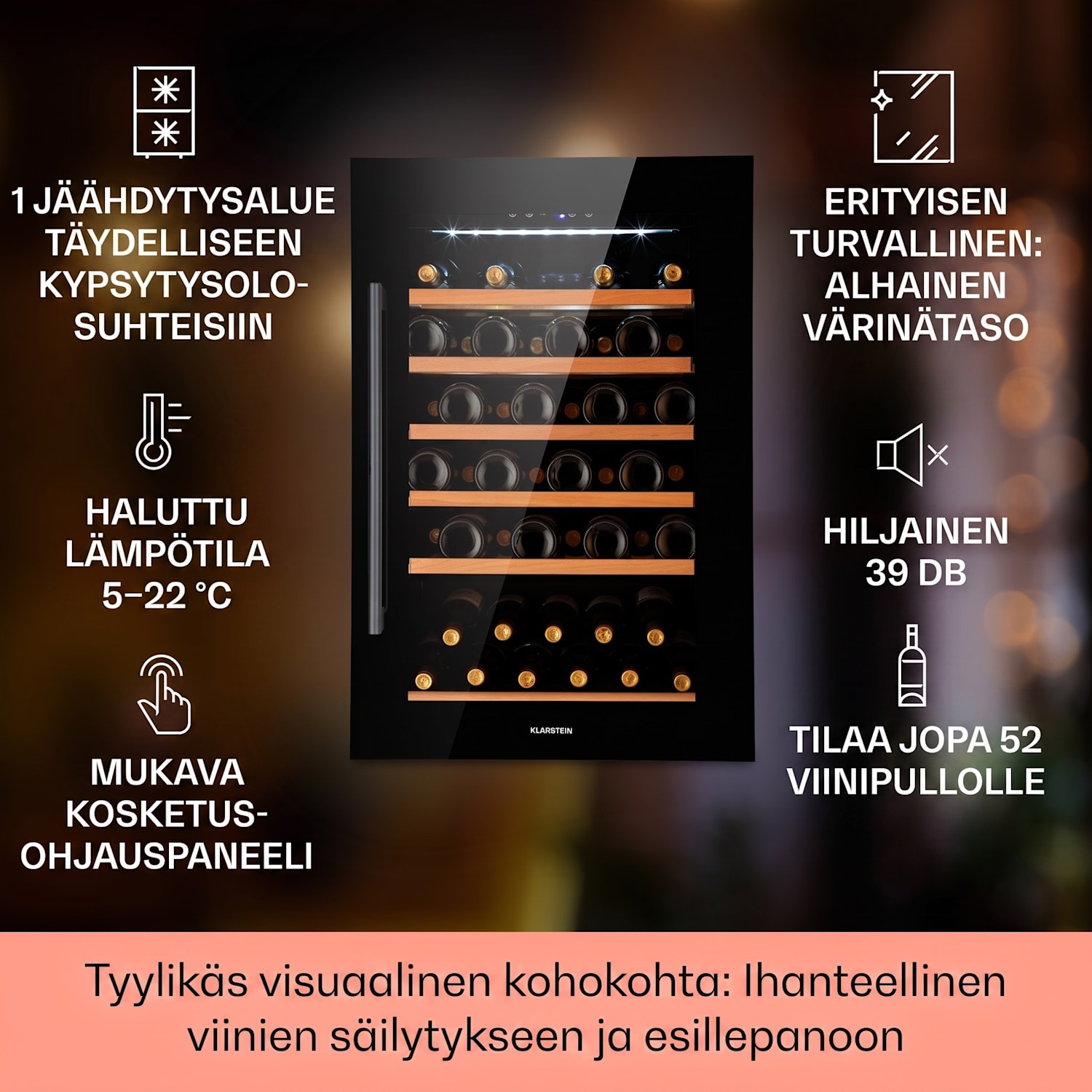 Vinsider 52 Built-In Uno -viinikaappi integroitava 52 pullolle 137 l ruostumaton teräs  52 pulloa  | 1 jäähdytysalue | Musta