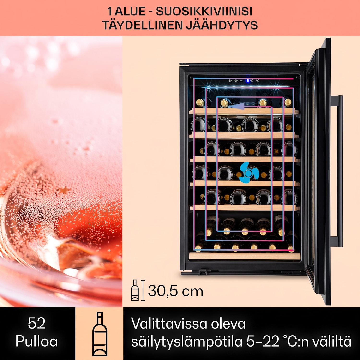 Vinsider 52 Built-In Uno -viinikaappi integroitava 52 pullolle 137 l ruostumaton teräs  52 pulloa  | 1 jäähdytysalue | Musta