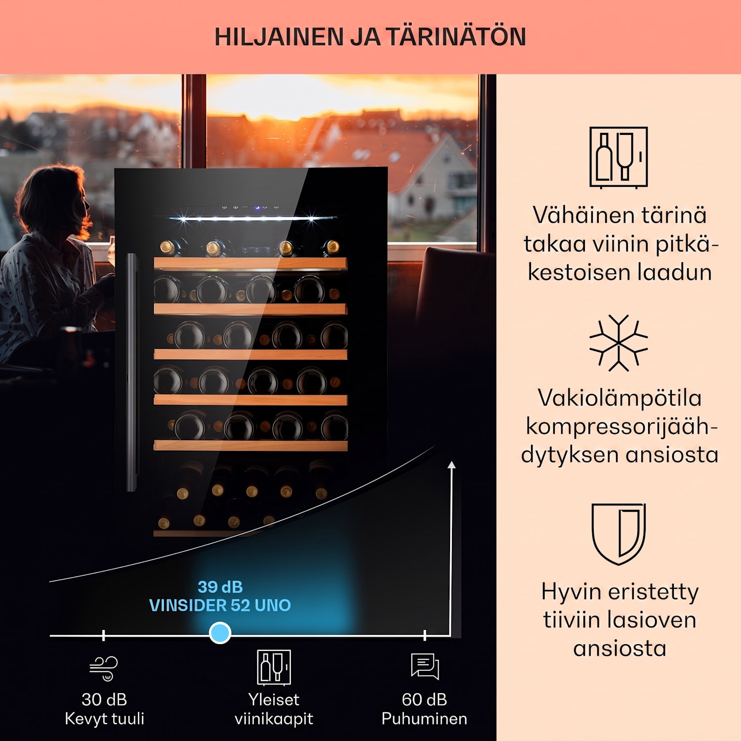 Vinsider 52 Built-In Uno -viinikaappi integroitava 52 pullolle 137 l ruostumaton teräs  52 pulloa  | 1 jäähdytysalue | Musta