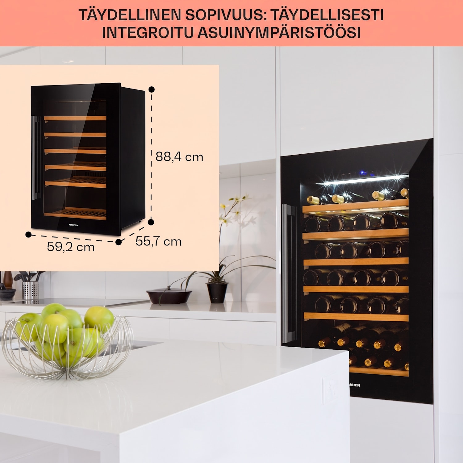 Vinsider 52 Built-In Uno -viinikaappi integroitava 52 pullolle 137 l ruostumaton teräs  52 pulloa  | 1 jäähdytysalue | Musta
