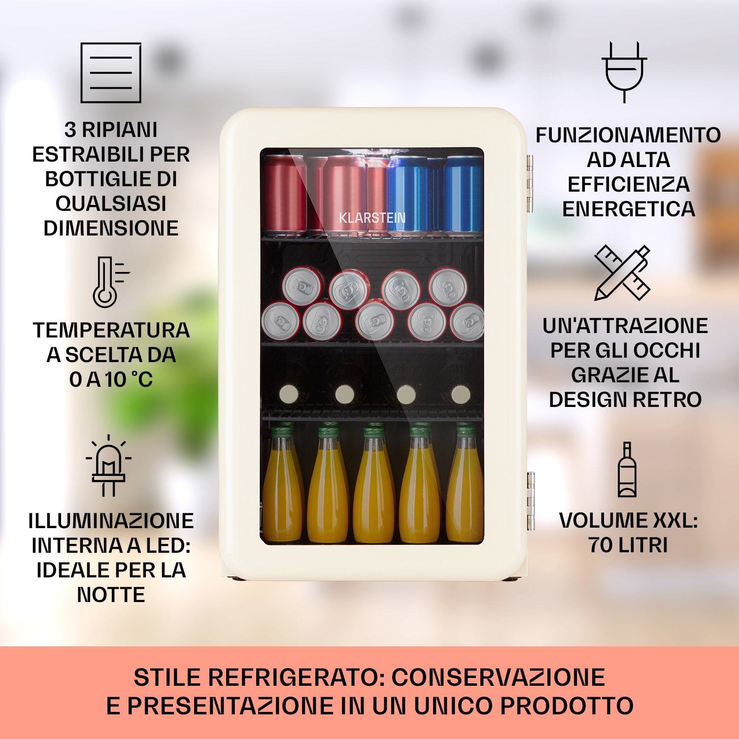PopLife 70 frigorifero per bevande, frigo, 70 litri, 0-10°C, design retrò, LED Crema vintage