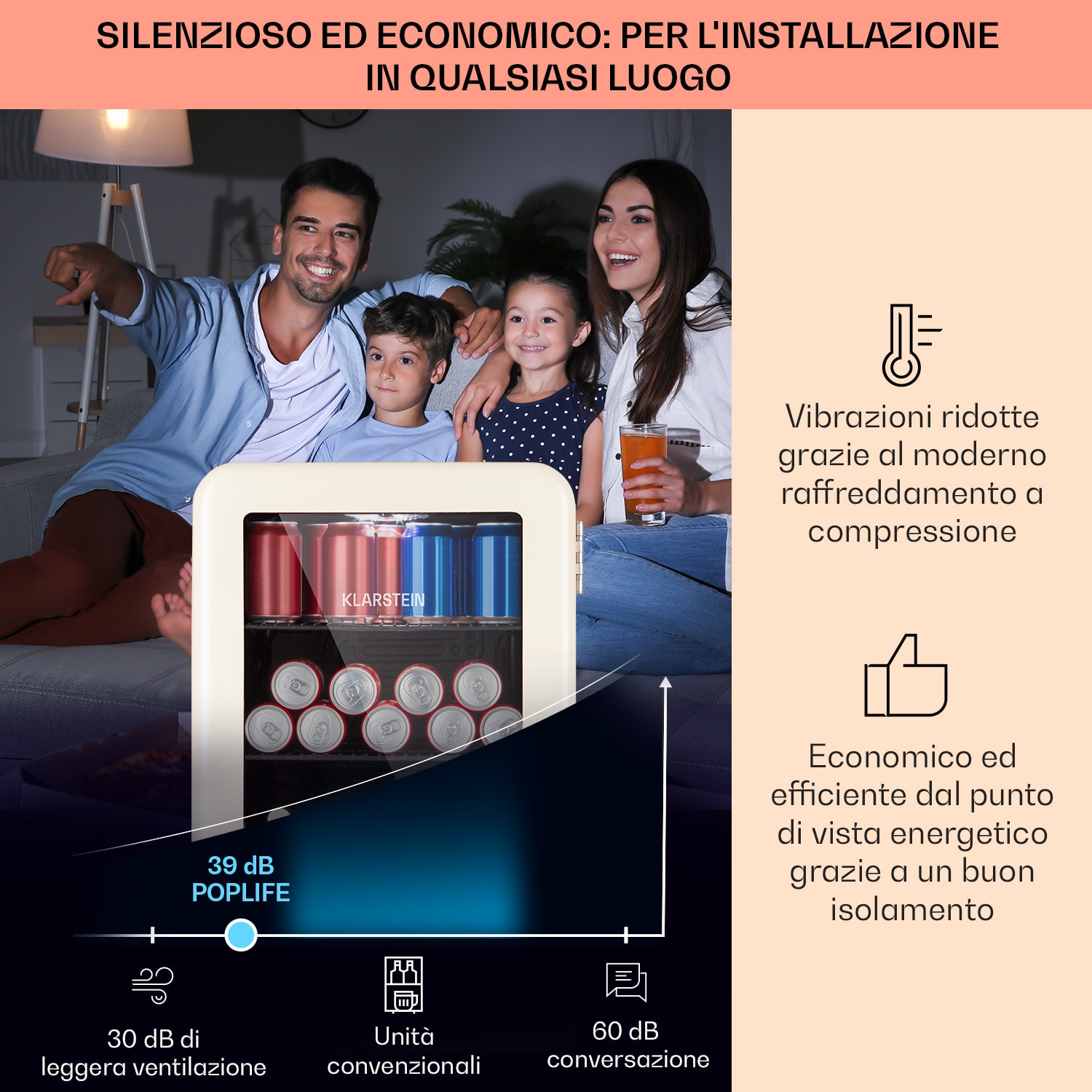 PopLife 70 frigorifero per bevande, frigo, 70 litri, 0-10°C, design retrò, LED Crema vintage