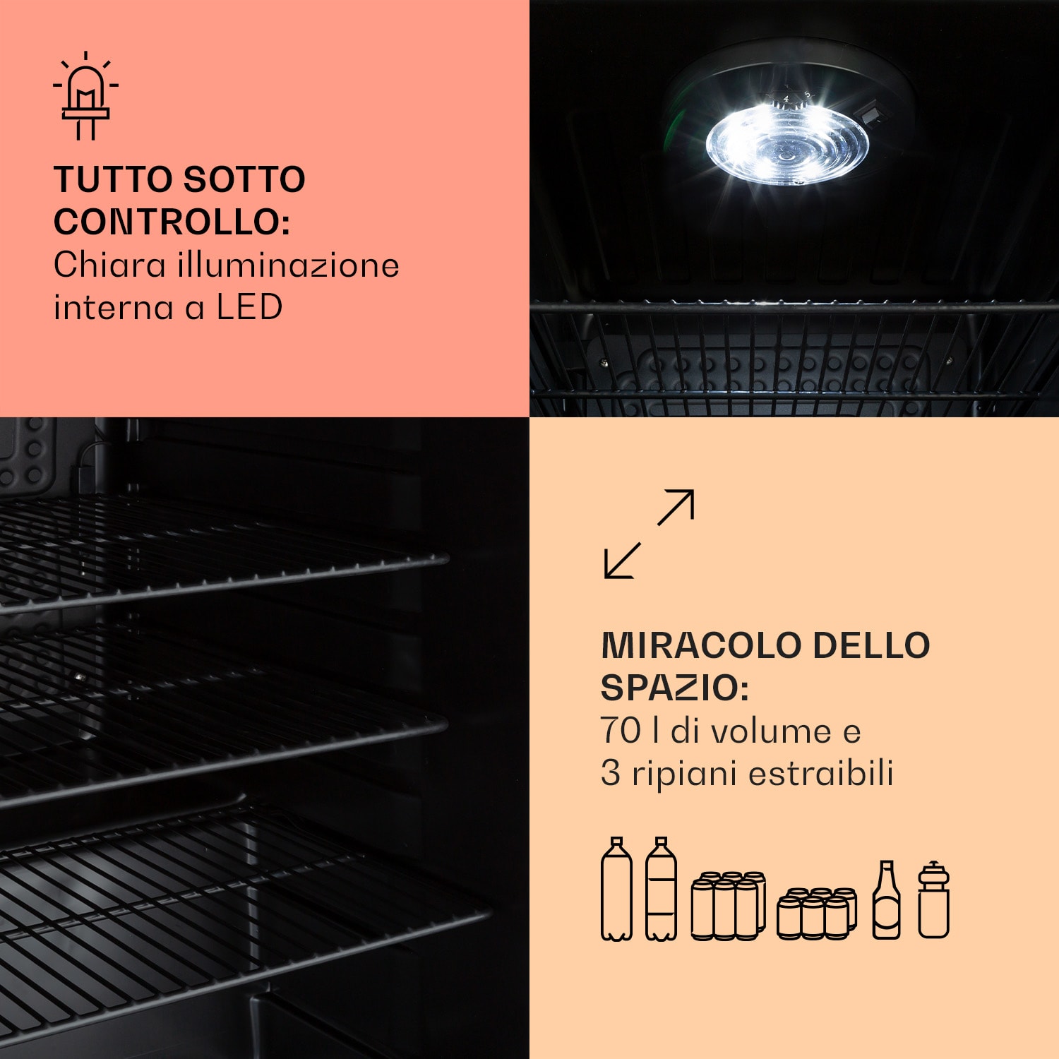 PopLife 70 frigorifero per bevande, frigo, 70 litri, 0-10°C, design retrò, LED Crema vintage
