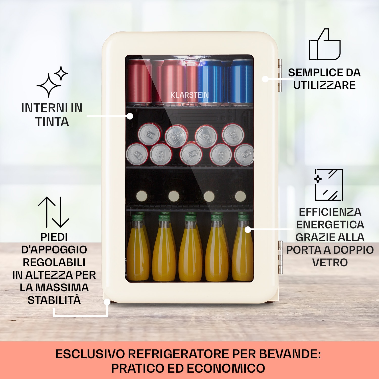 PopLife 70 frigorifero per bevande, frigo, 70 litri, 0-10°C, design retrò, LED Crema vintage
