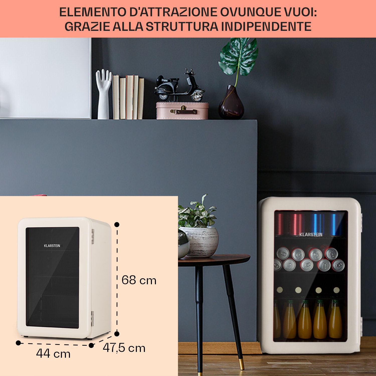 PopLife 70 frigorifero per bevande, frigo, 70 litri, 0-10°C, design retrò, LED Crema vintage