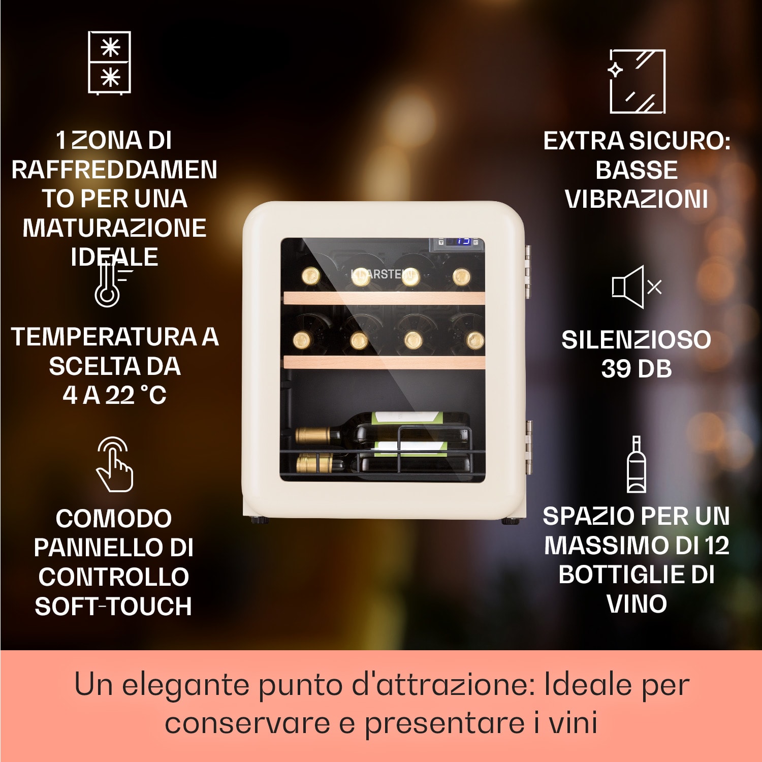 Cantinetta frigo per vini Vinetage 12 Bottiglie 48 Litri 4-22°C Design Retrò 12 bottiglie | 1 zona di raffreddamento | Crema vintage