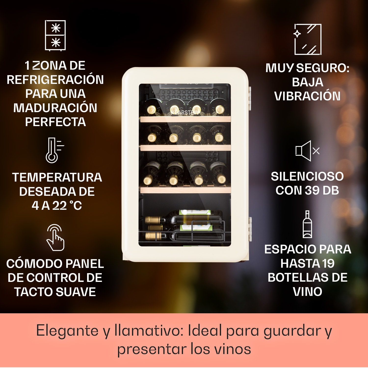 Nevera Vinetage 19 Uno Bebidas 70 Litros 4-22°C Diseño Retro 19 botellas | 1 zona de refrigeración | Crema Vintage