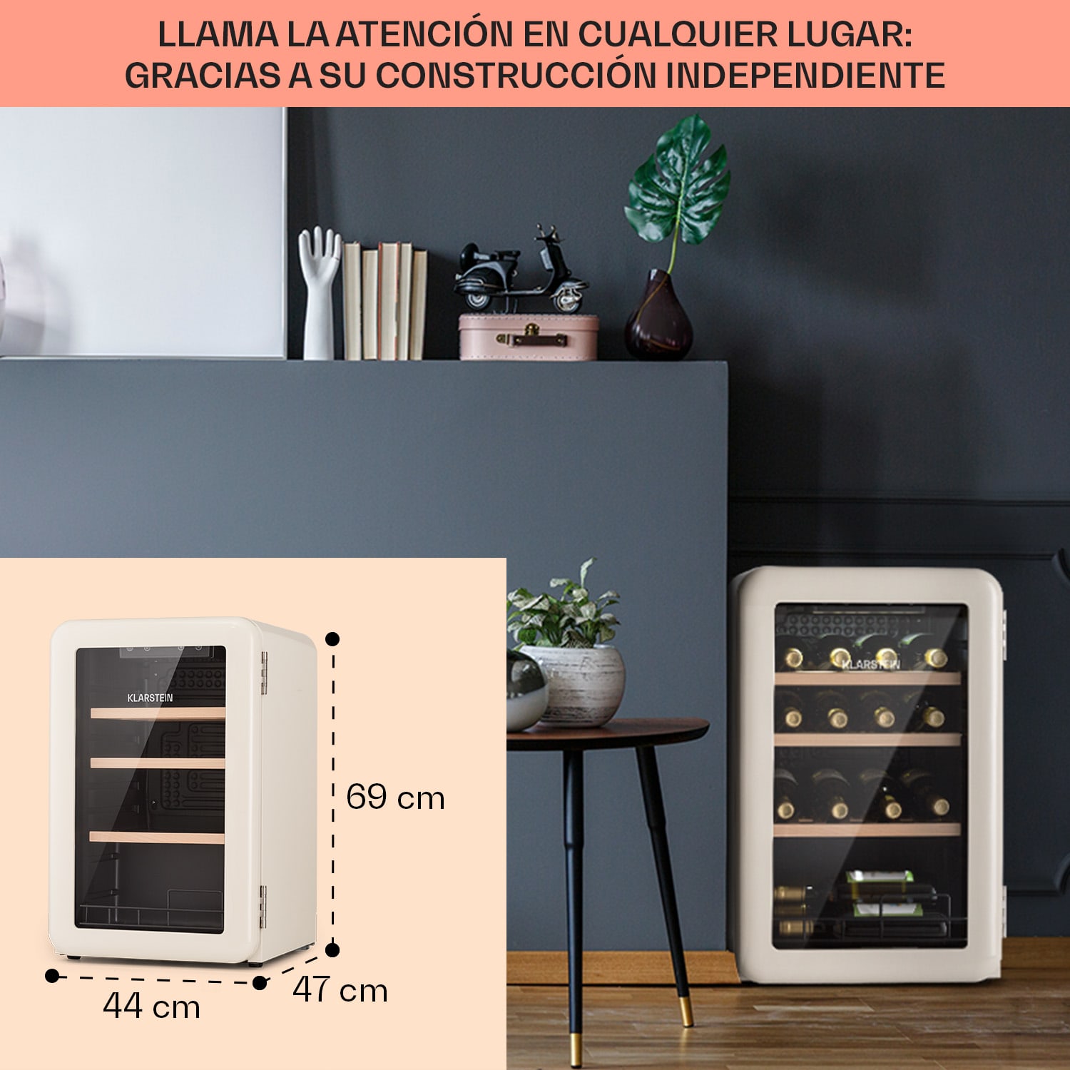 Nevera Vinetage 19 Uno Bebidas 70 Litros 4-22°C Diseño Retro 19 botellas | 1 zona de refrigeración | Crema Vintage