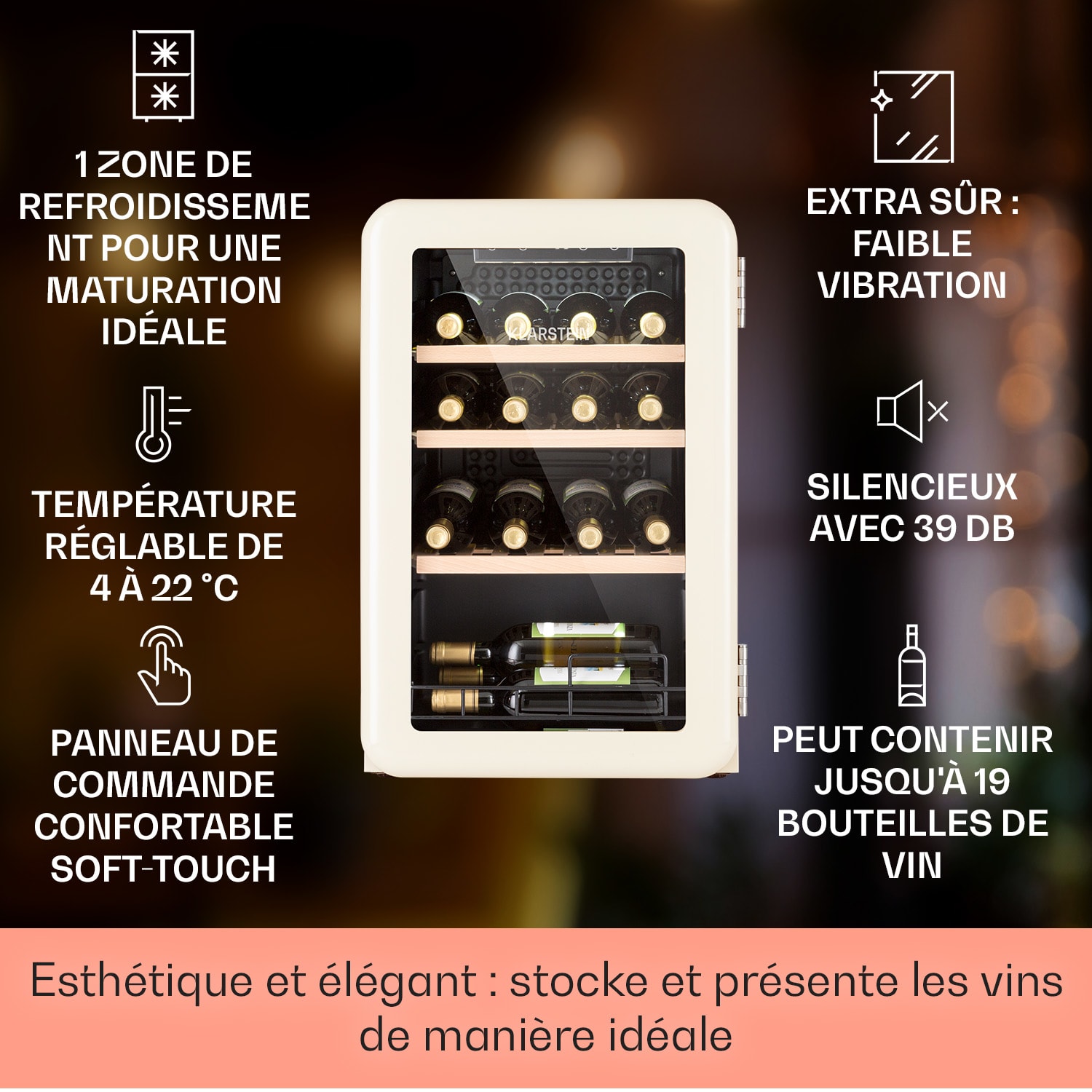 Vinetage 19 réfrigérateur de boissons Réfrigérateur 70 litres 4-22°C Design rétro 19 bouteilles | 1 zone de conservation | Crème Vintage