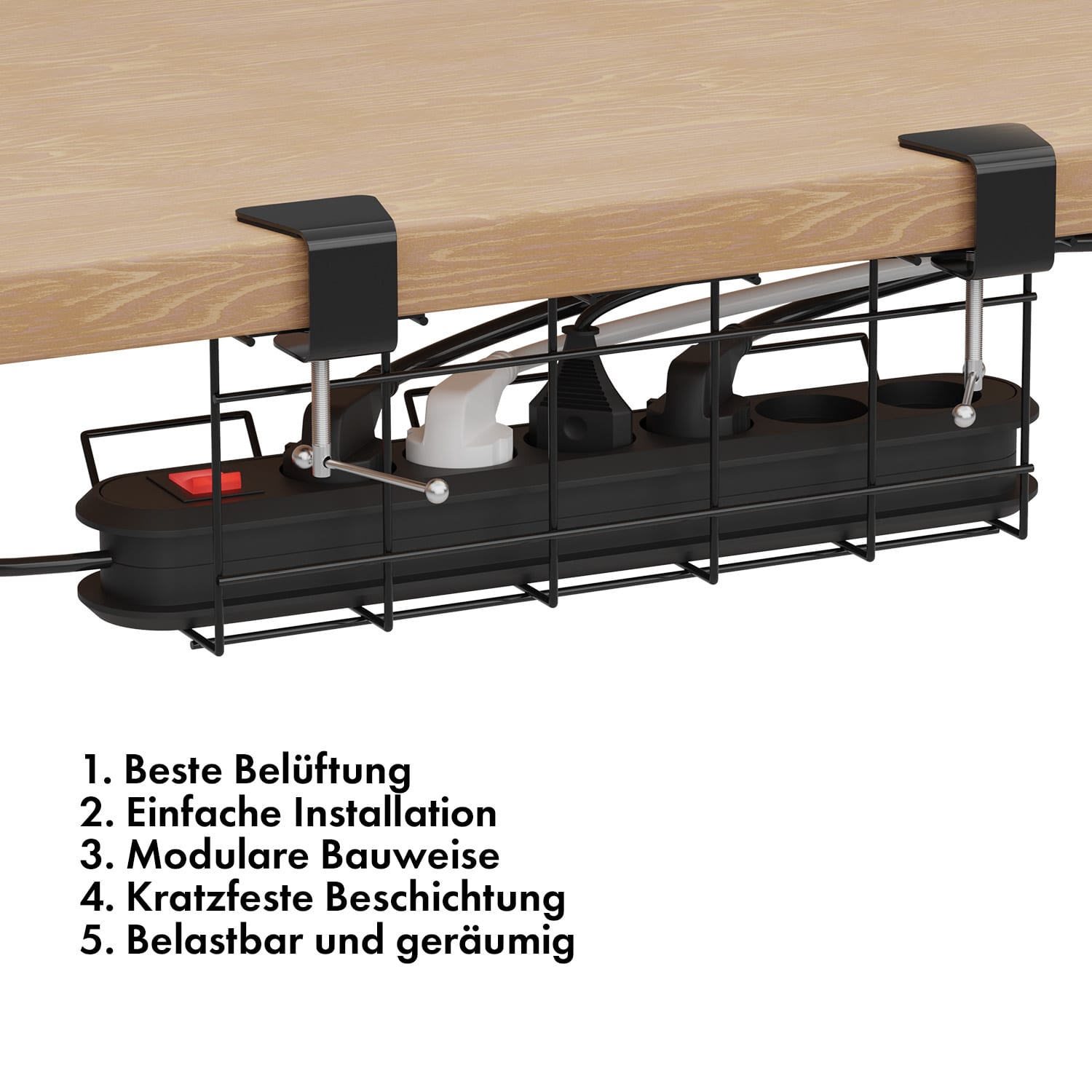 Darwin Drahtkorb für Steckdosenleisten inkl. Klammern für Schreibtische mit Klammern | Schwarz