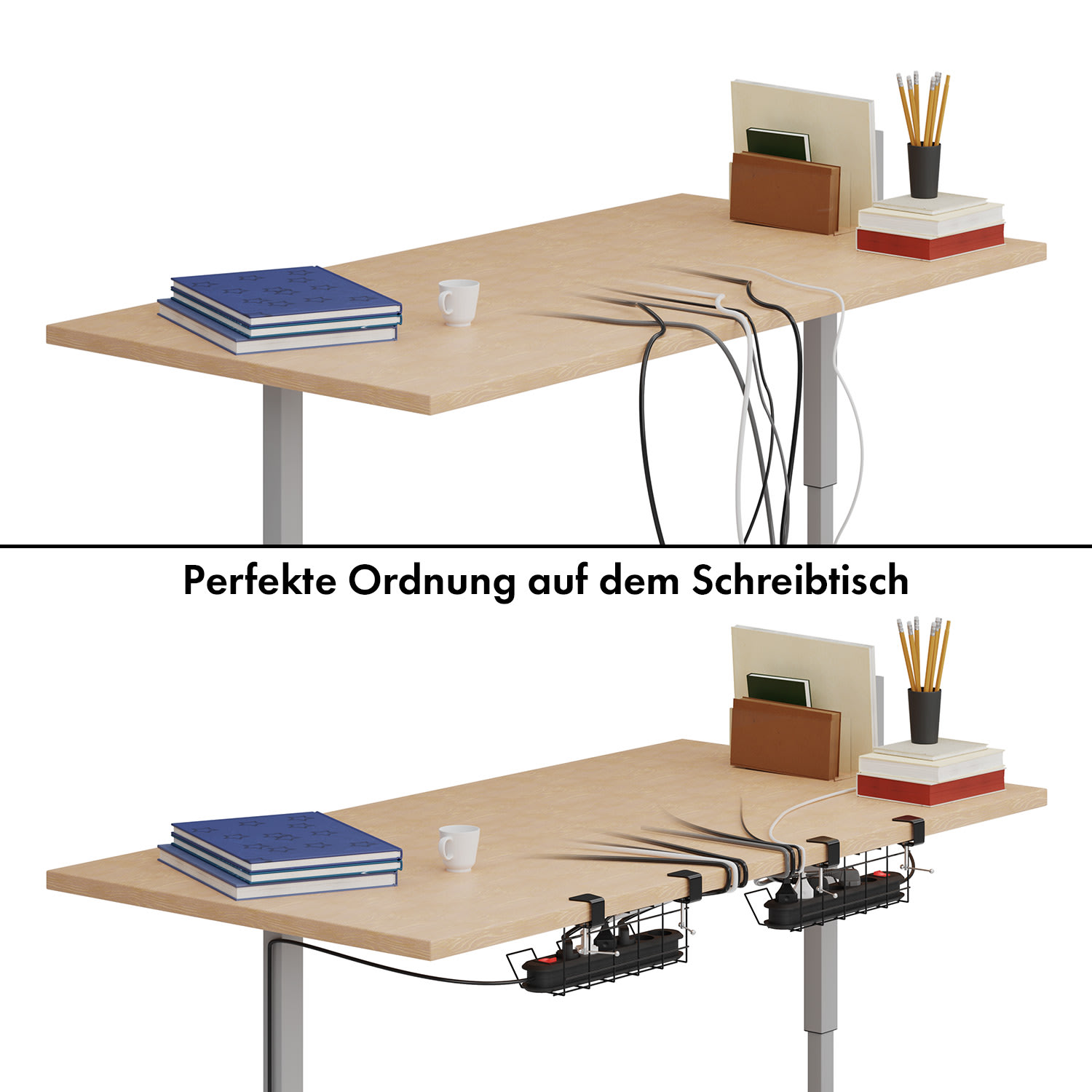 Darwin Drahtkorb für Steckdosenleisten inkl. Klammern für Schreibtische mit Klammern | Schwarz