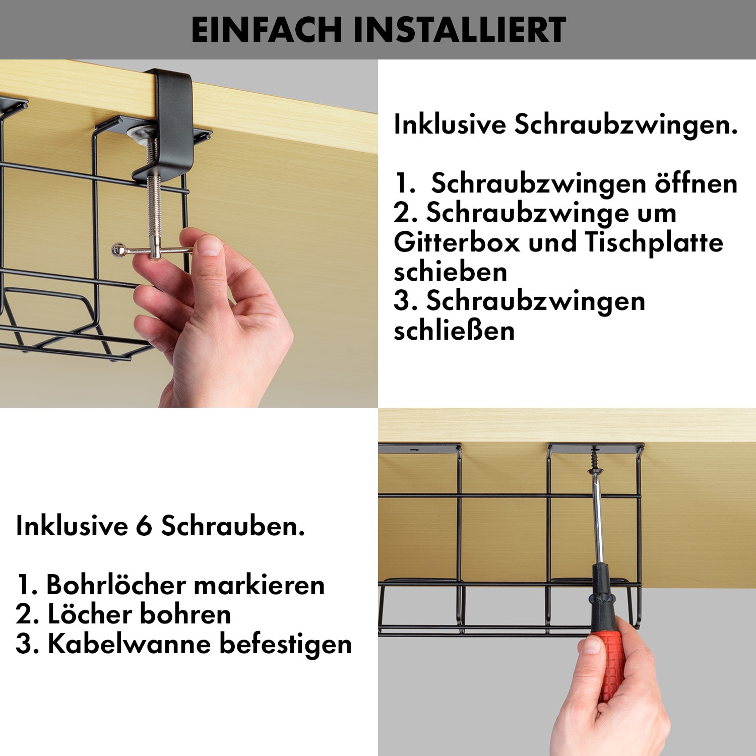 Darwin Drahtkorb für Steckdosenleisten inkl. Klammern für Schreibtische mit Klammern | Schwarz