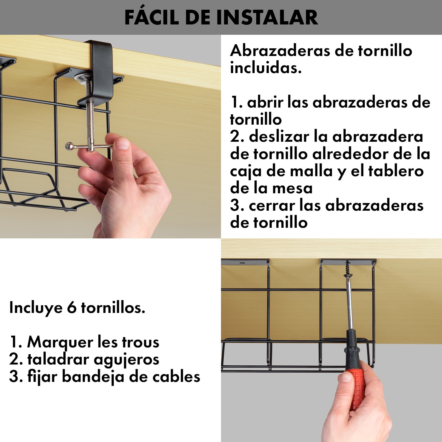 Cesta de cables Darwin para regletas de enchufe en escritorios incluye soporte con abrazaderas | Negro