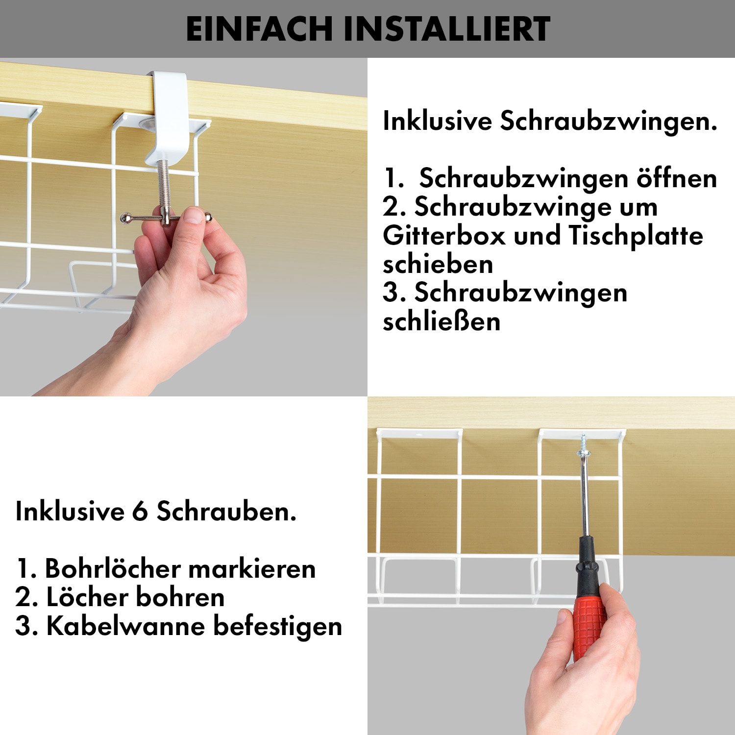 Darwin Drahtkorb für Steckdosenleisten inkl. Klammern für Schreibtische mit Klammern | Weiß