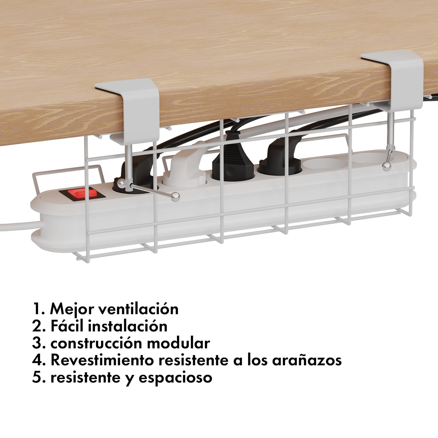 Cesta de cables Darwin para regletas de enchufe en escritorios incluye soporte con abrazaderas | Blanco