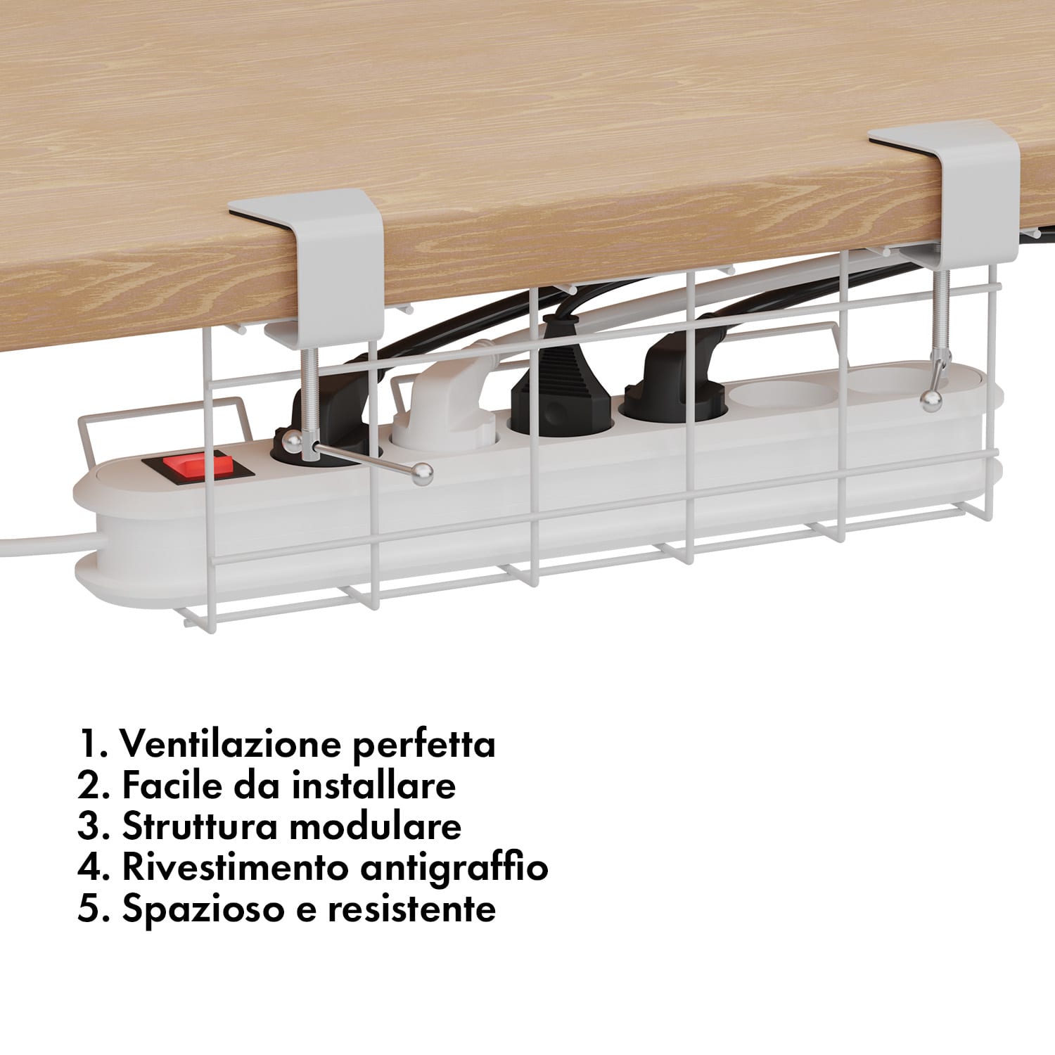 Darwin - Passacavi a griglia per ciabatte multipresa per scrivanie, incl. morsetti con morsetti | Bianco