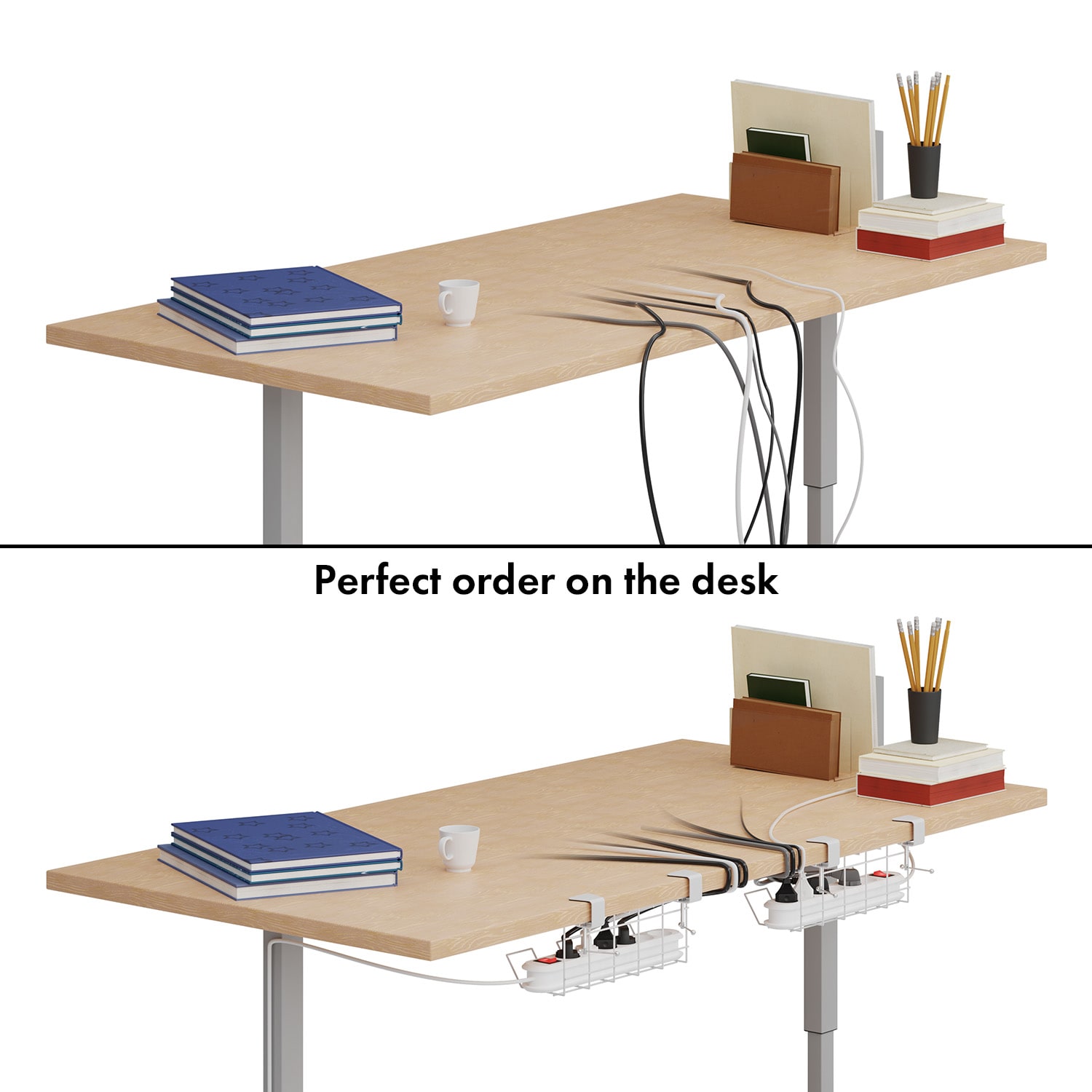 Darwin, drôtený kôš, pre zásuvkové lišty, vrátane svoriek, na stolíky so svorkami | Biela