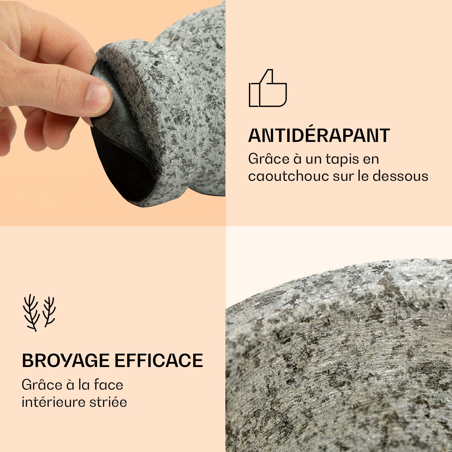 Mortier avec pilon 360 ml intérieur strié antidérapant Granit Gris Clair