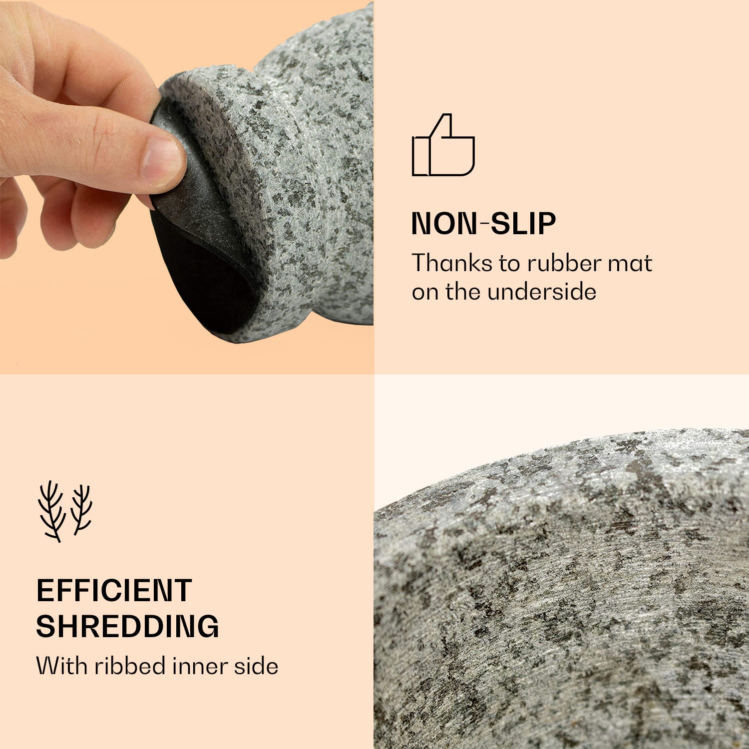 Mažiar s tĺčikom, 360 ml, rebrovaná vnútorná časť, protišmykový Svetlosivá žula