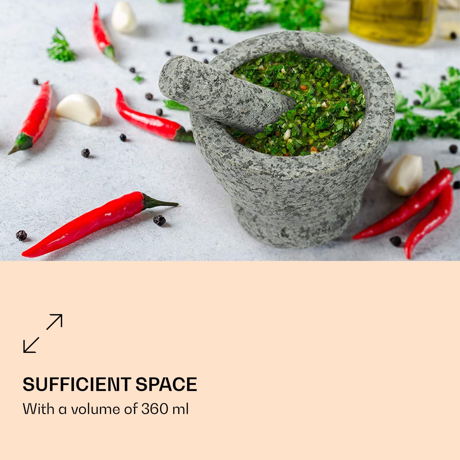 Mažiar s tĺčikom, 360 ml, rebrovaná vnútorná časť, protišmykový Svetlosivá žula