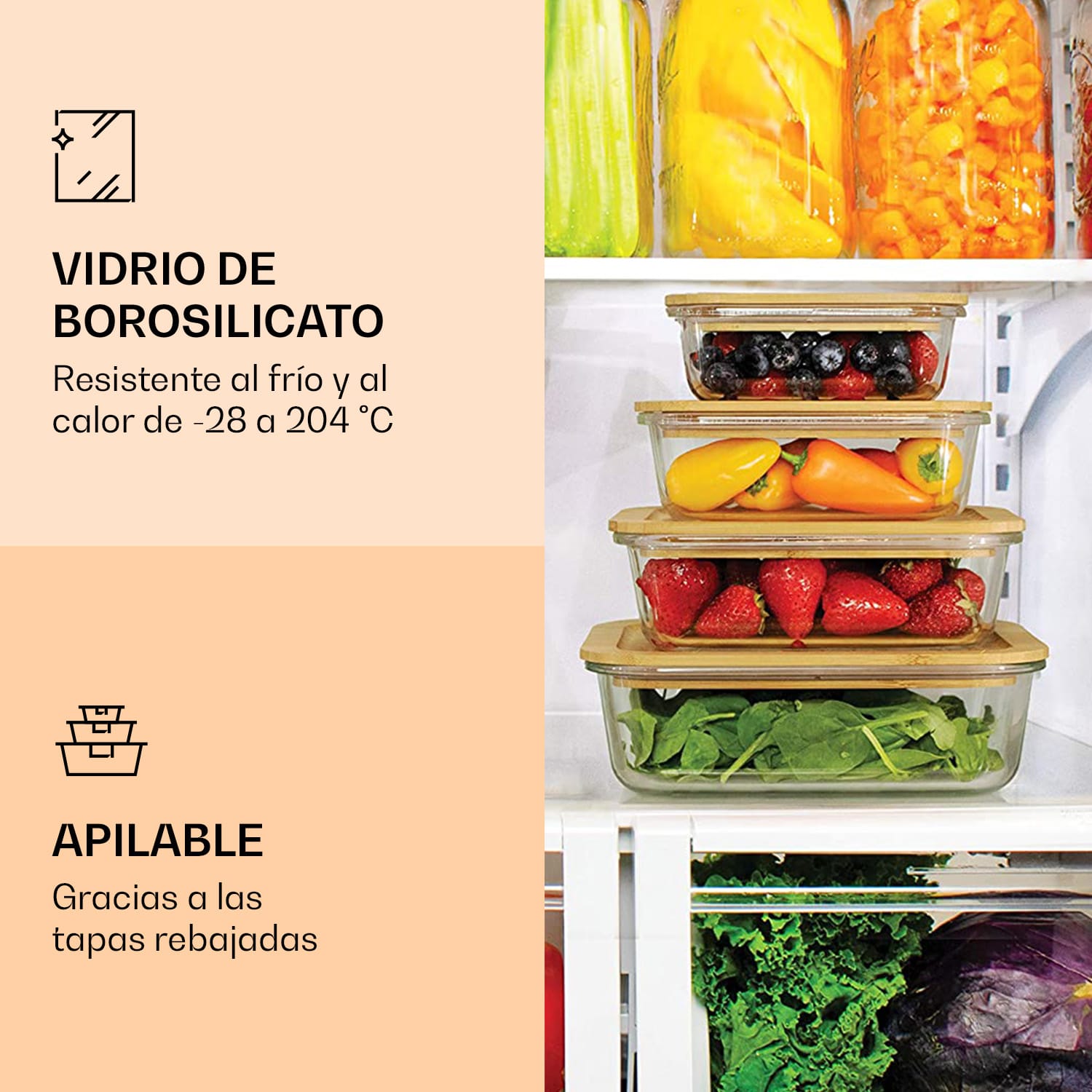 Set de 4 recipientes para almacenar alimentos vidrio borosilicato tapas de bambú apilables de 4 tamaños 