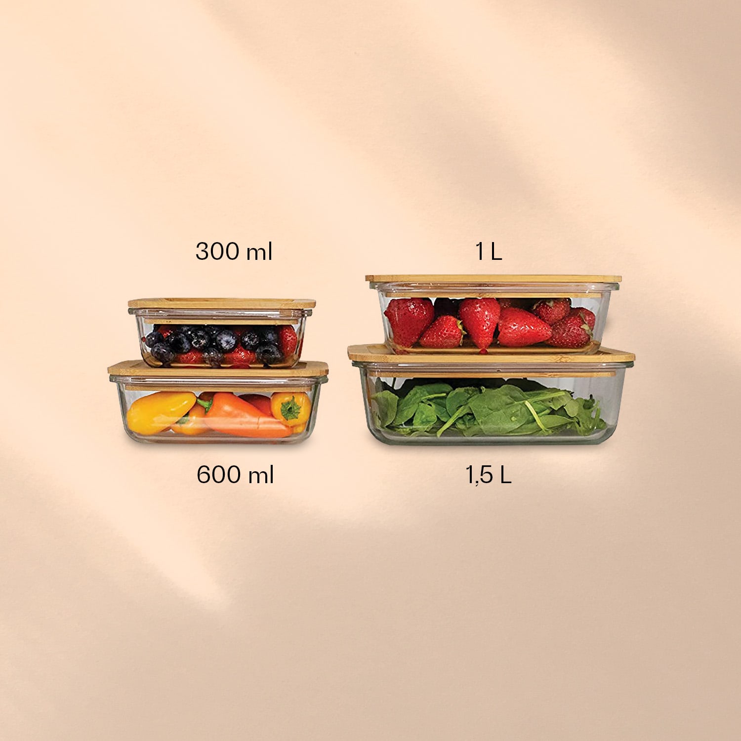 Zestaw pojemników na żywność, 4 szt., szkło borokrzemianowe, bambusowe pokrywki, 4 rozmiary 