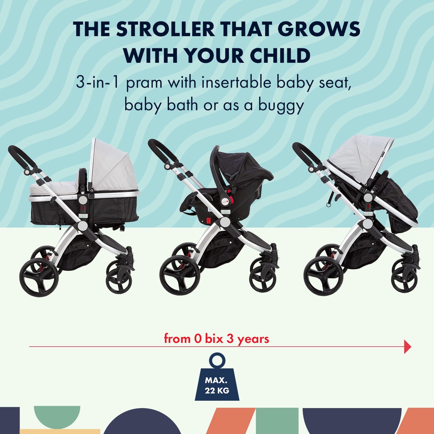 Go Baby Neo, wózek spacerowy 3 w 1, spacerówka, fotelik samochodowy, R44/04, grupa 0+, 5-punktowy pas bezpieczeństwa