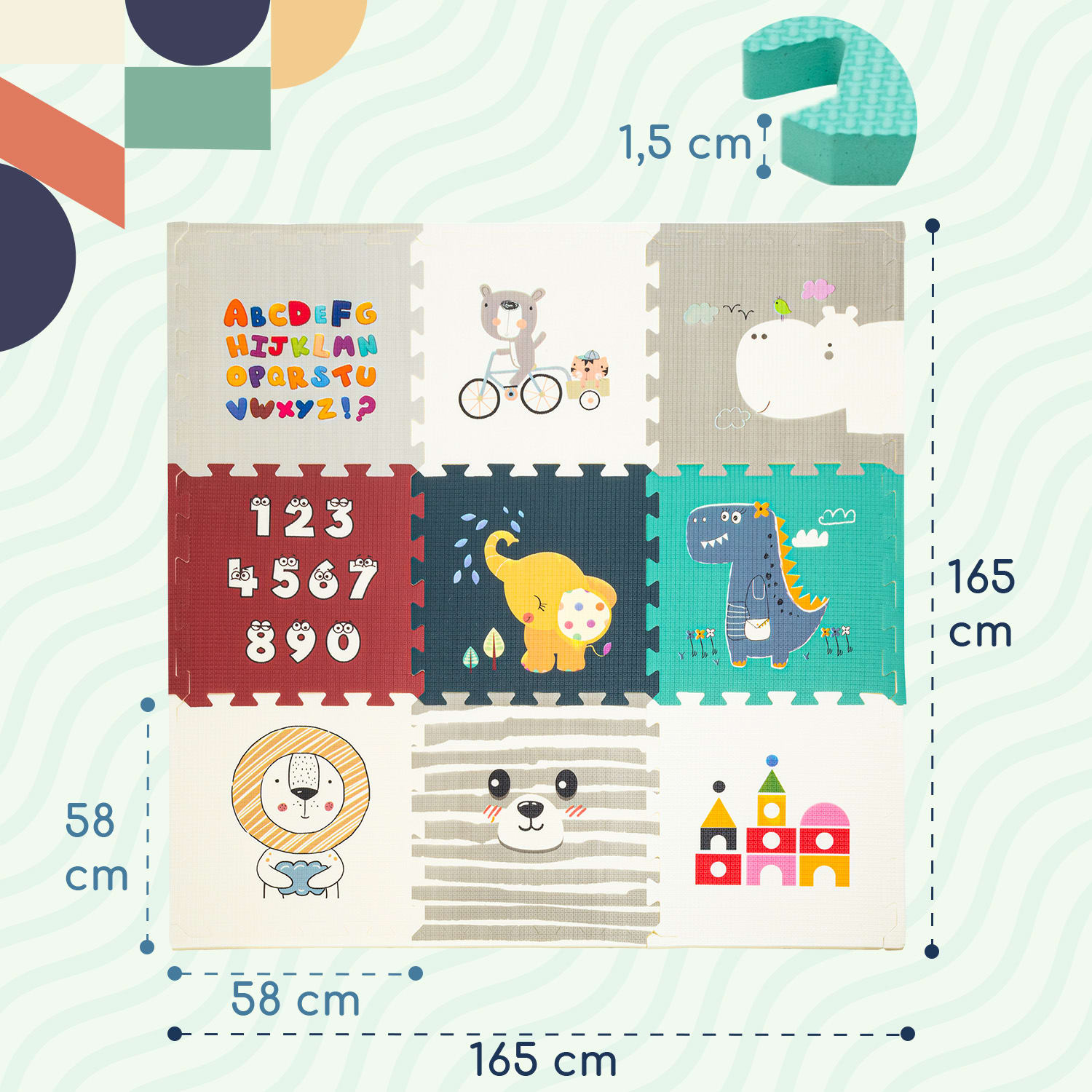 Star Ibaby, Animals Baby Puzzle, Podložka - hrúbka 1,5 cm, protišmyková, extra veľká, obojstranná, vodeodolná, prenosná, pre batoľatá a dojčatá (165x165x1,5 cm) 