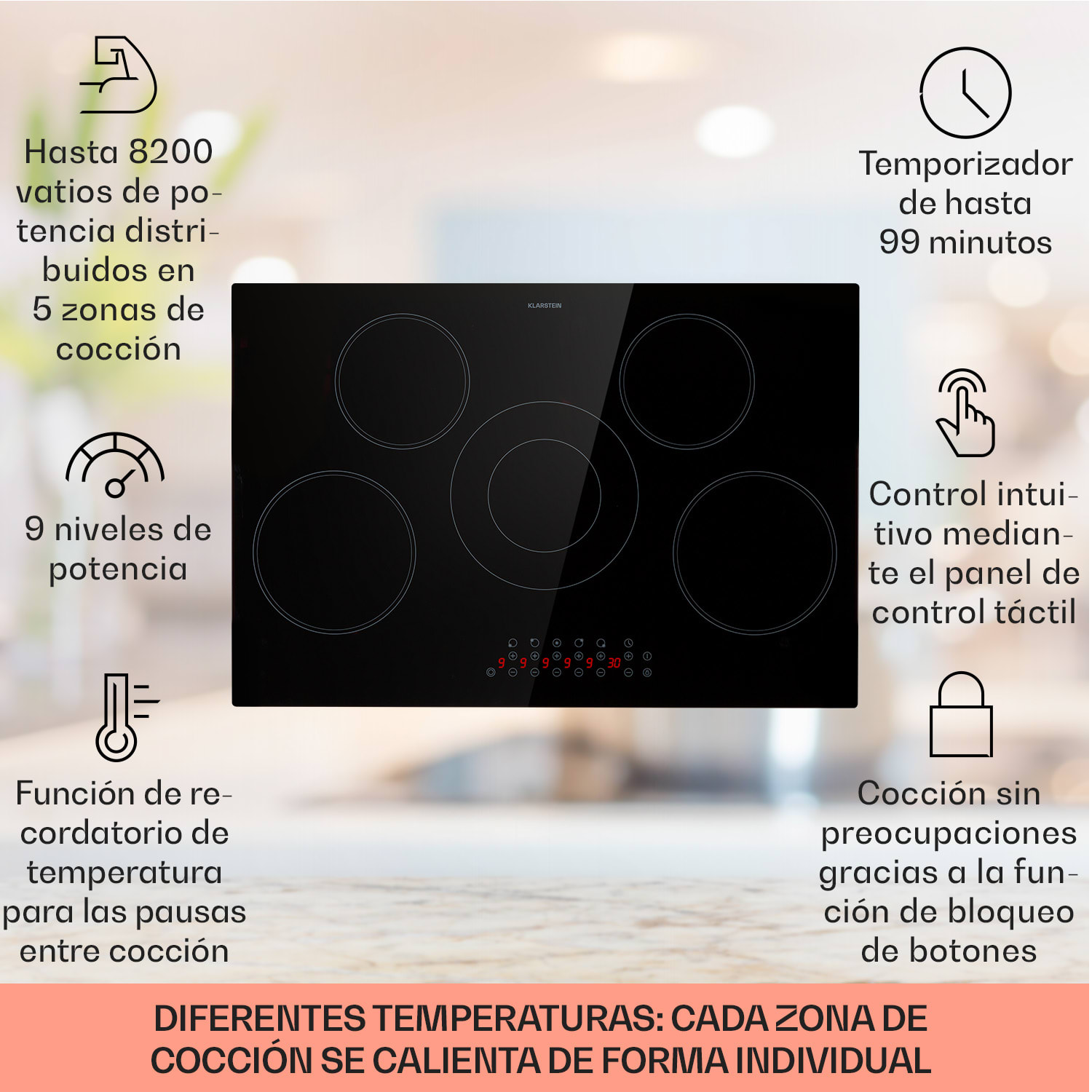 Placa de cocción empotrada Virtuosa 5 zonas 8200 W vitrocerámica 