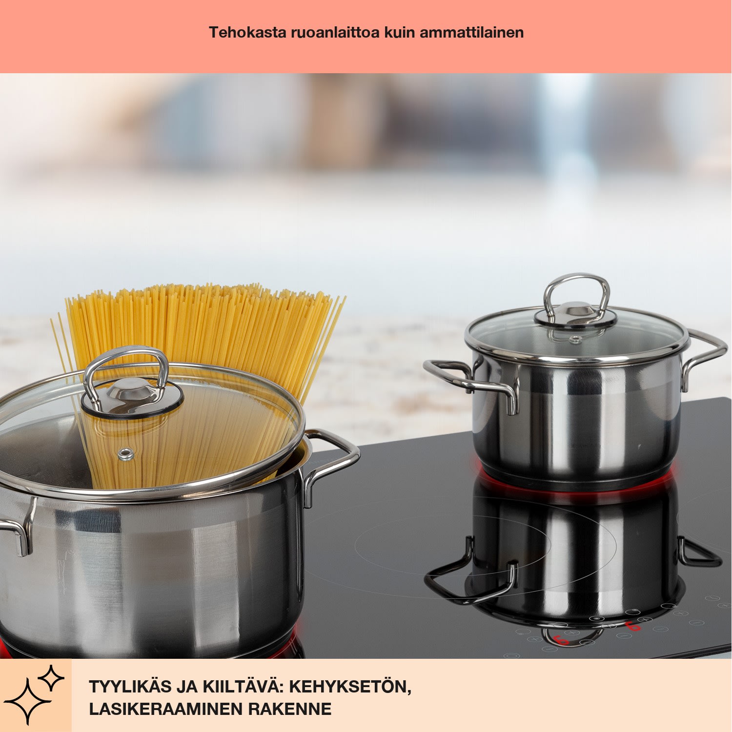 Virtuosa 5 tasoon asennettava liesi 5 keittoaluetta 8200W lasikeraaminen 75 cm | Kaksinkertainen | Kehyksetön