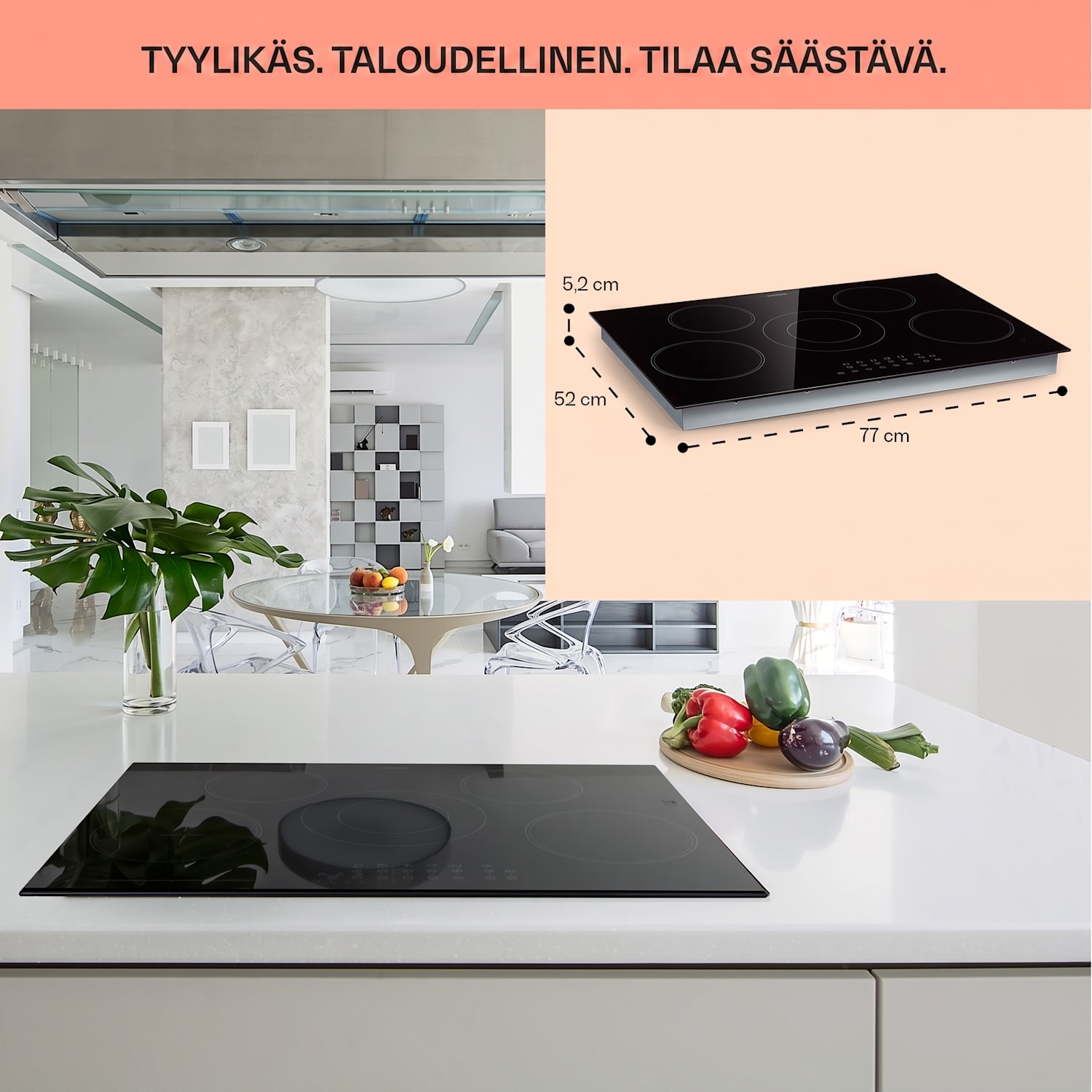 Virtuosa 5 tasoon asennettava liesi 5 keittoaluetta 8200W lasikeraaminen 75 cm | Kaksinkertainen | Kehyksetön