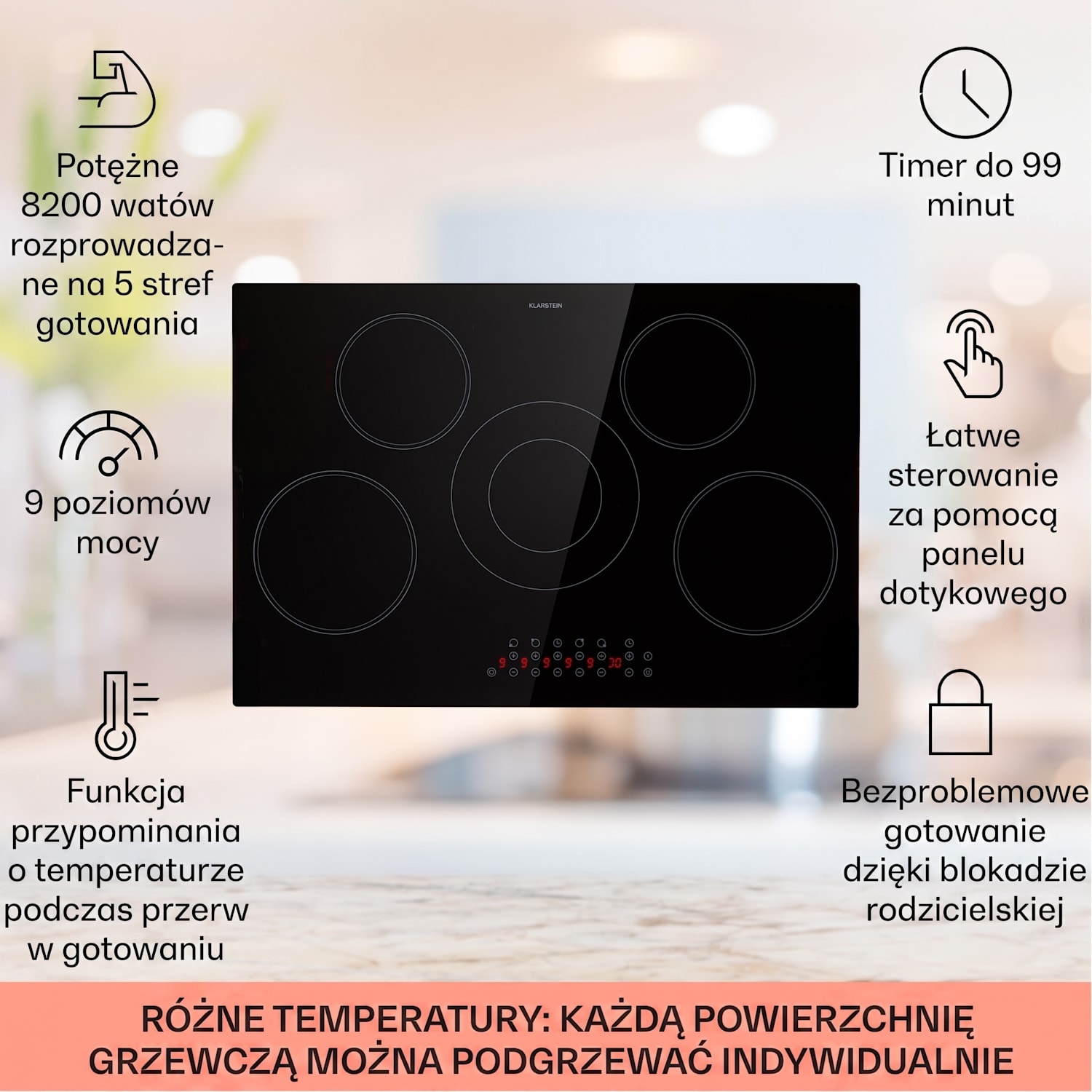 Virtuosa 5, płyta ceramiczna do zabudowy, 5 stref, 8200 W, płyta szklano-ceramiczna 