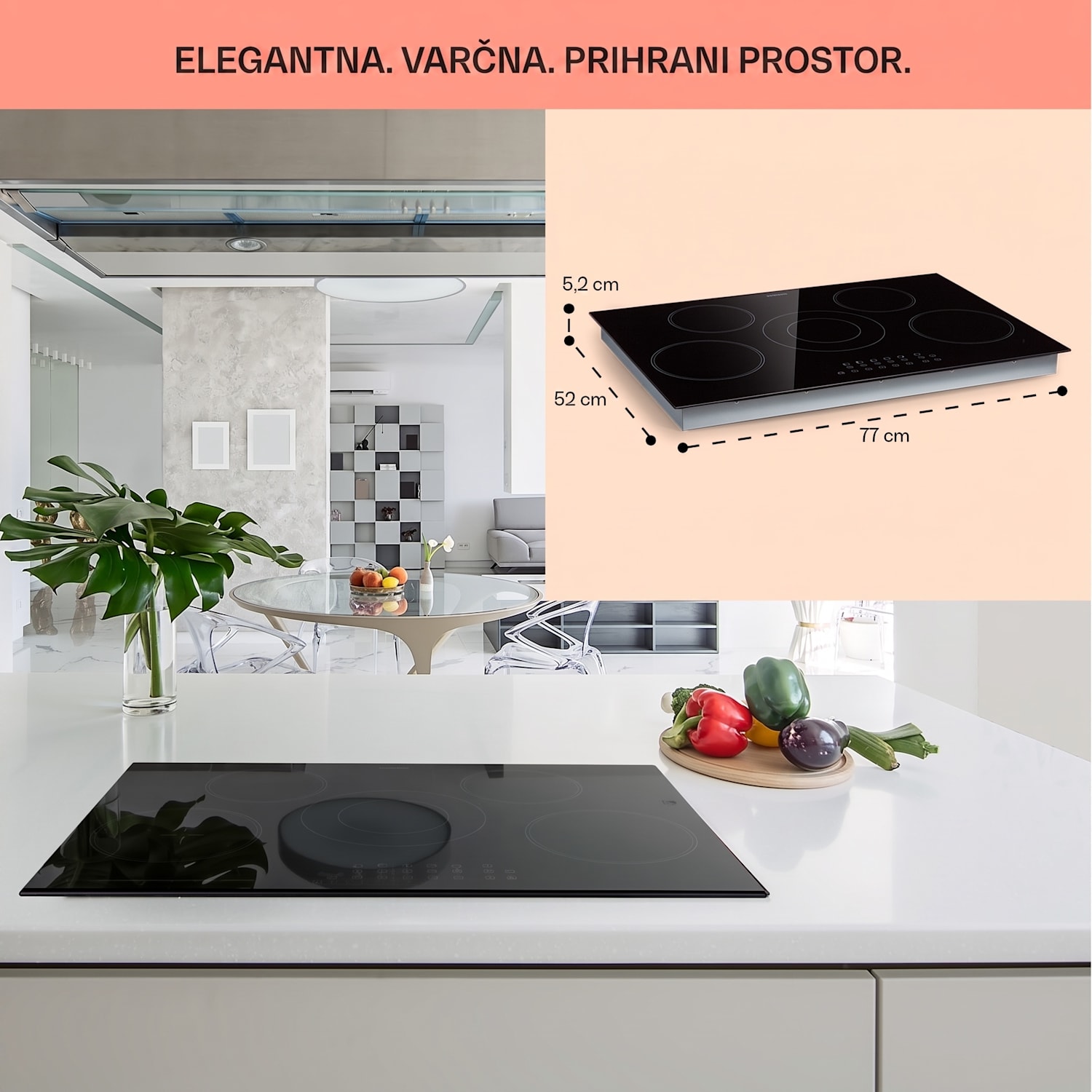 Virtuosa 5, vgradna kuhalna plošča, 5 con, 8200 W, steklokeramika 75 cm | Dvojni | Brez okvira