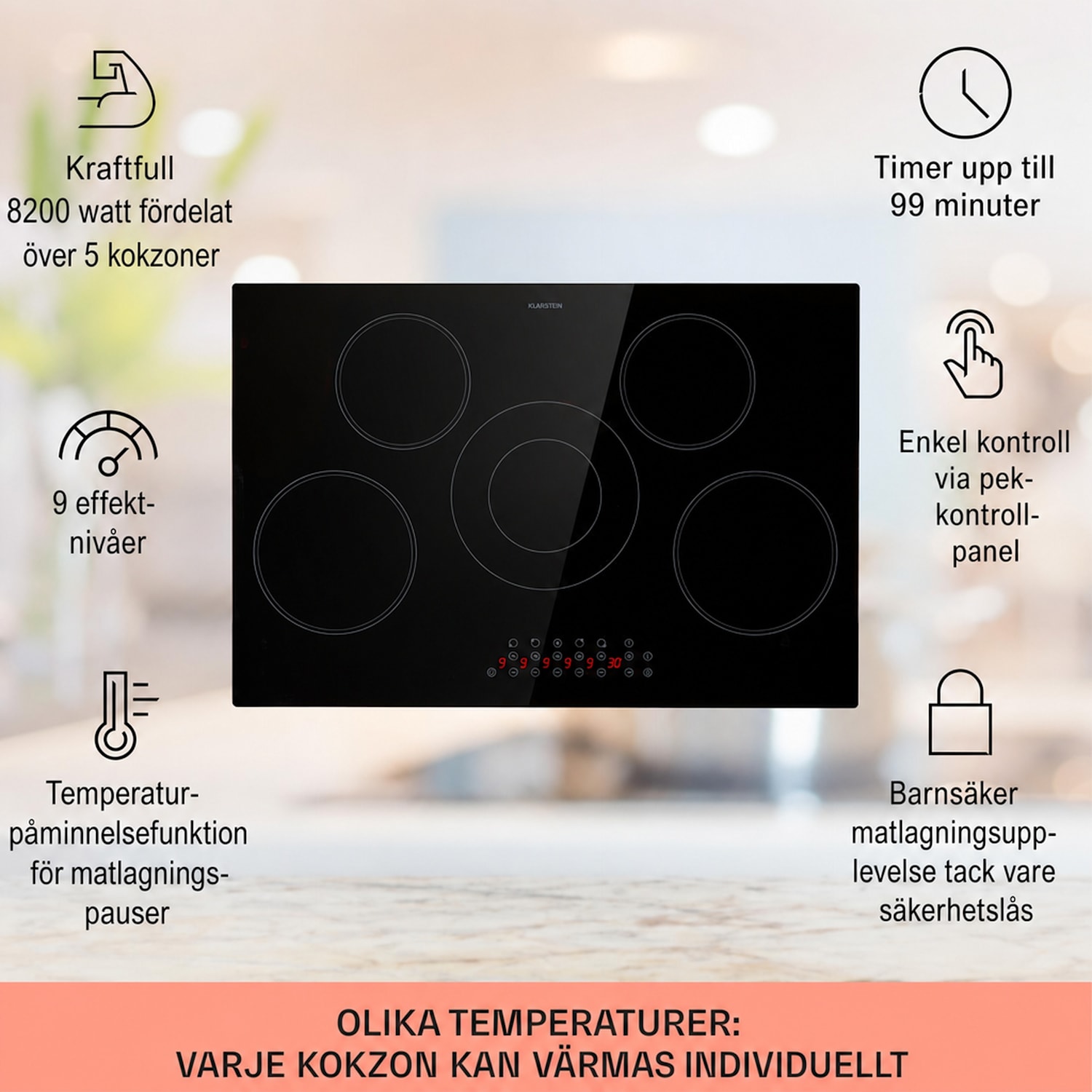 Virtuosa 5 Inbyggnadshäll 5 zoner 8200W glaskeramik 75 cm | Dubbel | Ramlös