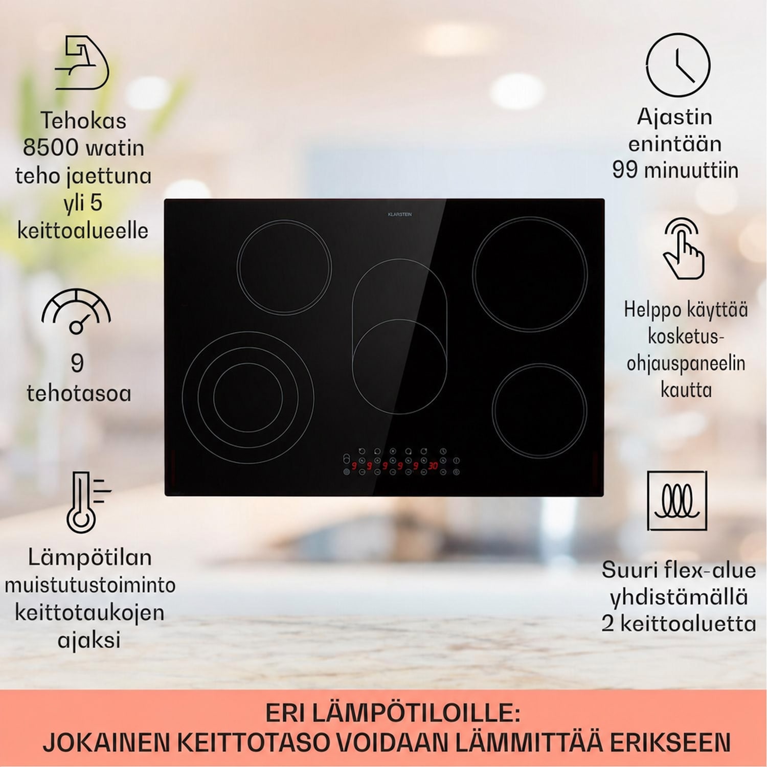 Virtuosa Roast tasoon asennettava liesi 5 keittoaluetta 8500W lasikeraaminen 75 cm | Soikea/Kolminkertainen | Kehyksetön