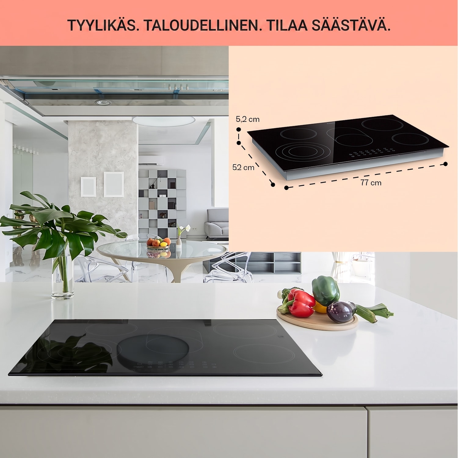 Virtuosa Roast tasoon asennettava liesi 5 keittoaluetta 8500W lasikeraaminen 75 cm | Soikea/Kolminkertainen | Kehyksetön