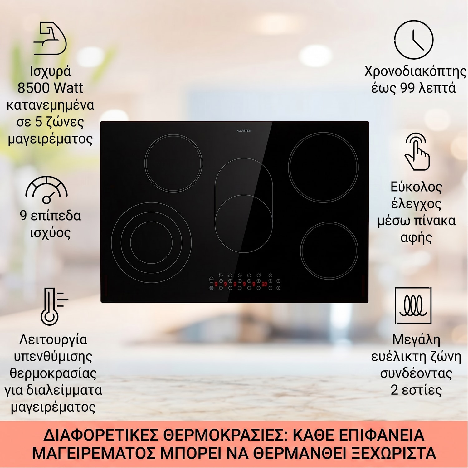 Virtuosa Roast 75cm Υαλοκεραμική Εστία 5 Εστιών Μαύρη 75 cm | Οβάλ/Τριπλό | Χωρίς πλαίσιο