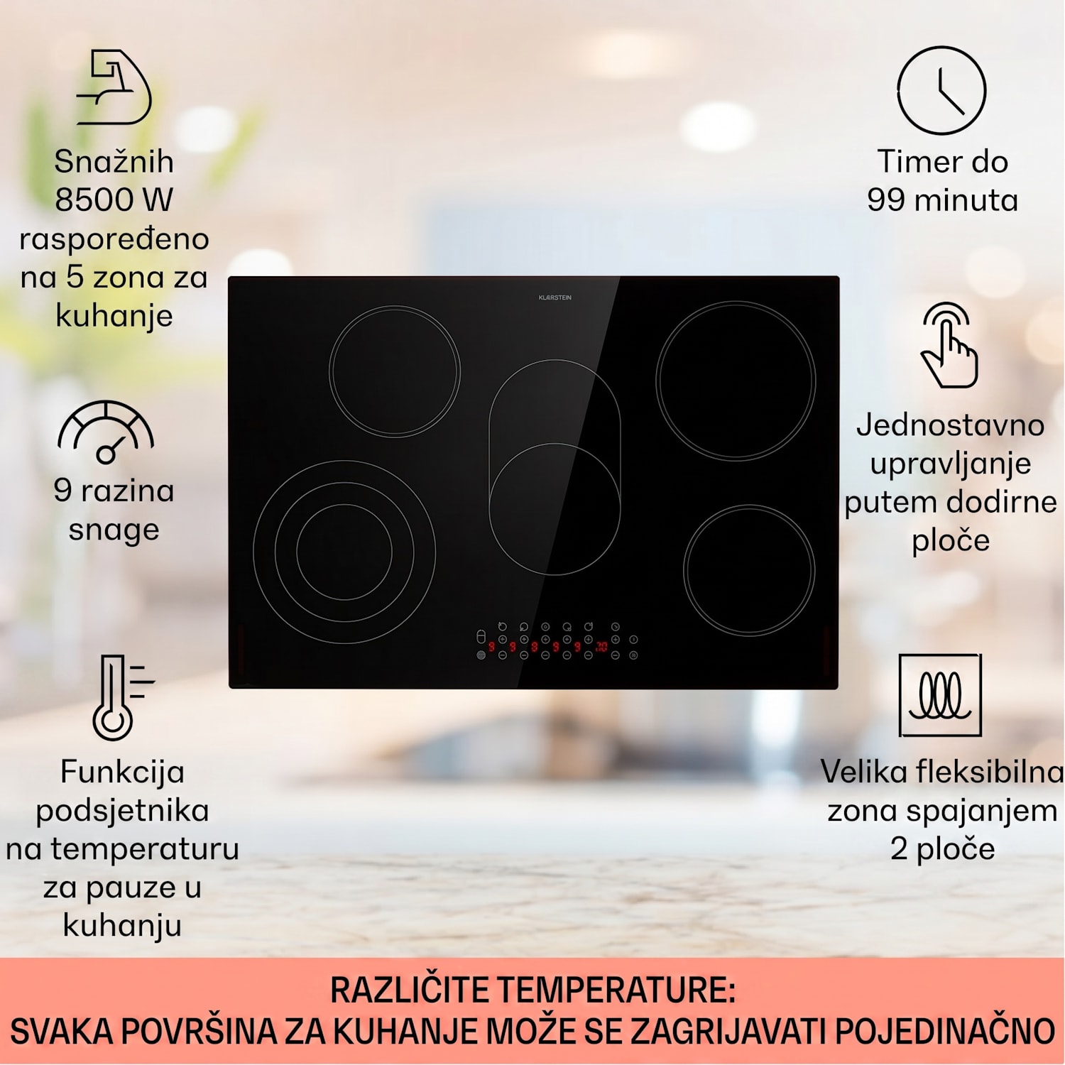 Virtuosa 5, ugradbena ploča, 5 zona, 8500W, staklokeramika 