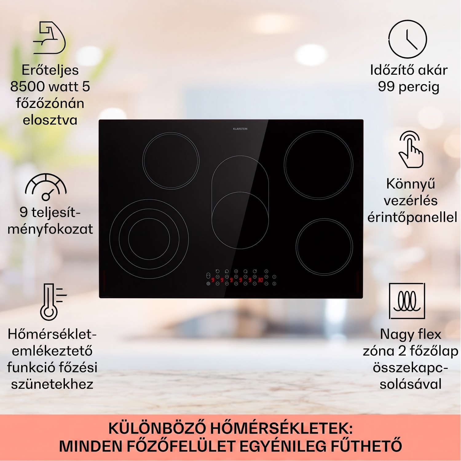 Virtuosa 5, beépített főzőlap, 5 zóna, 8500W, üvegkerámia 75 cm | Ovális/Hármas | Keret nélküli